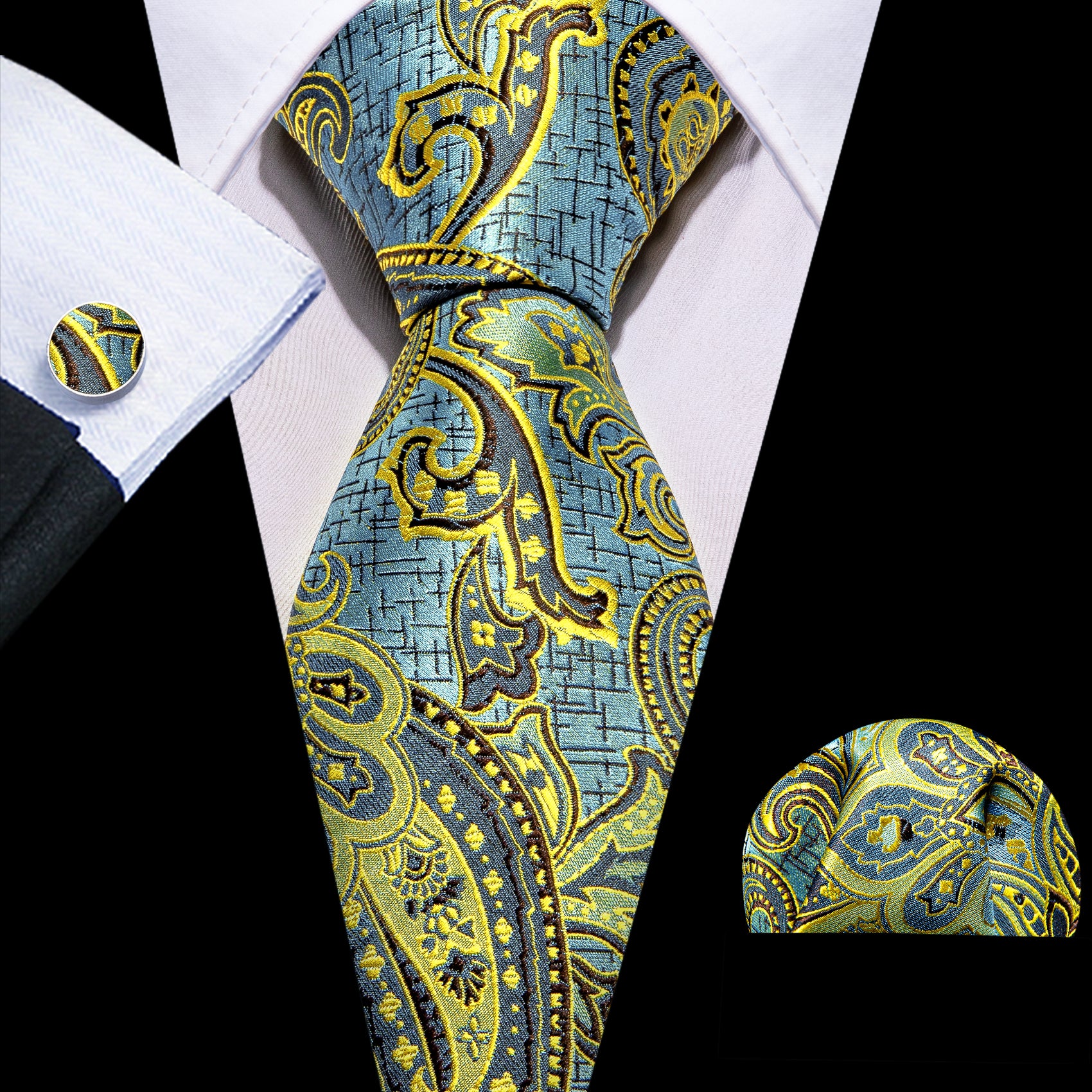 Blue Yellow Paisley Silk Tie Hanky Cufflinks Set