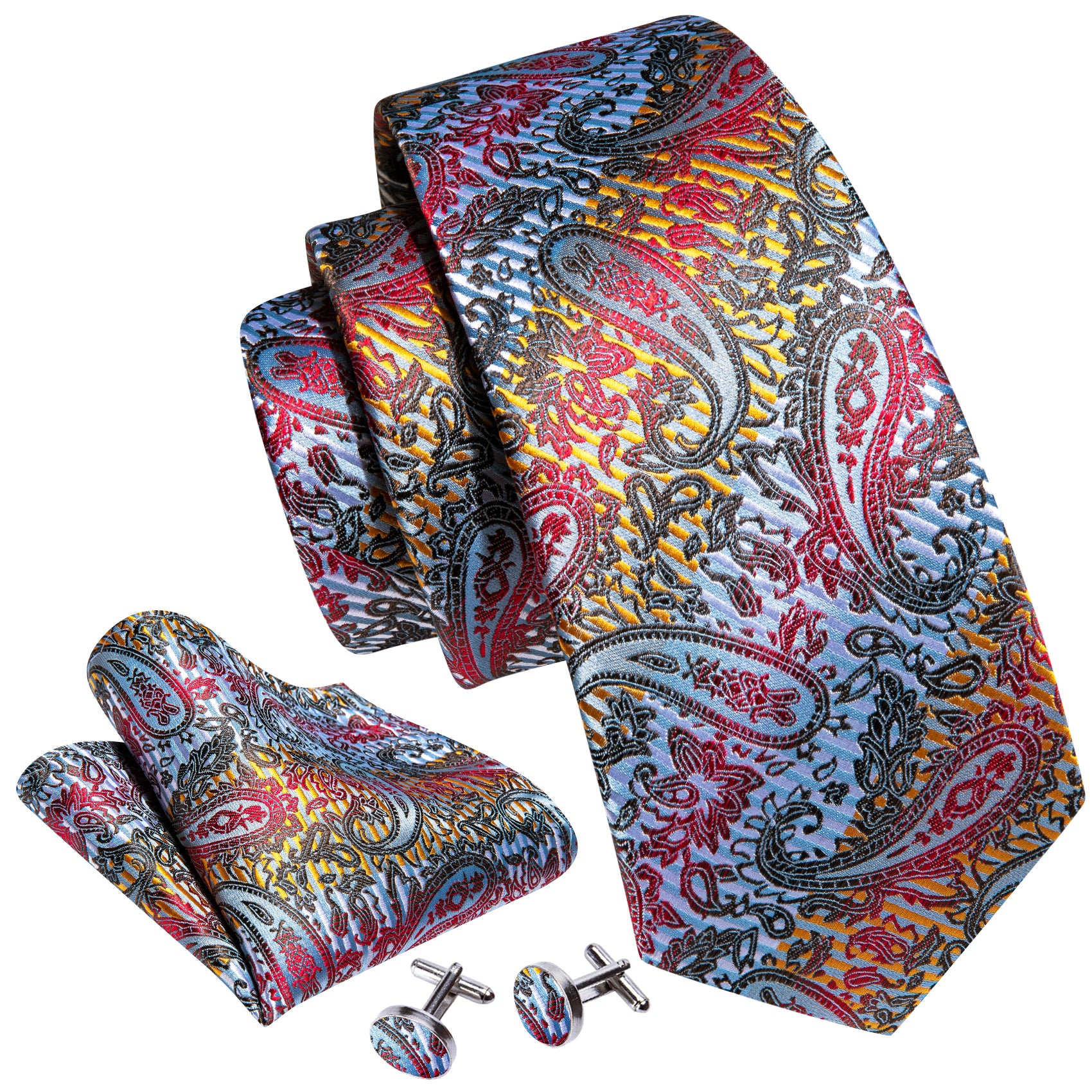 New Bright Colorful Paisley Silk Tie Hanky Cufflinks Set
