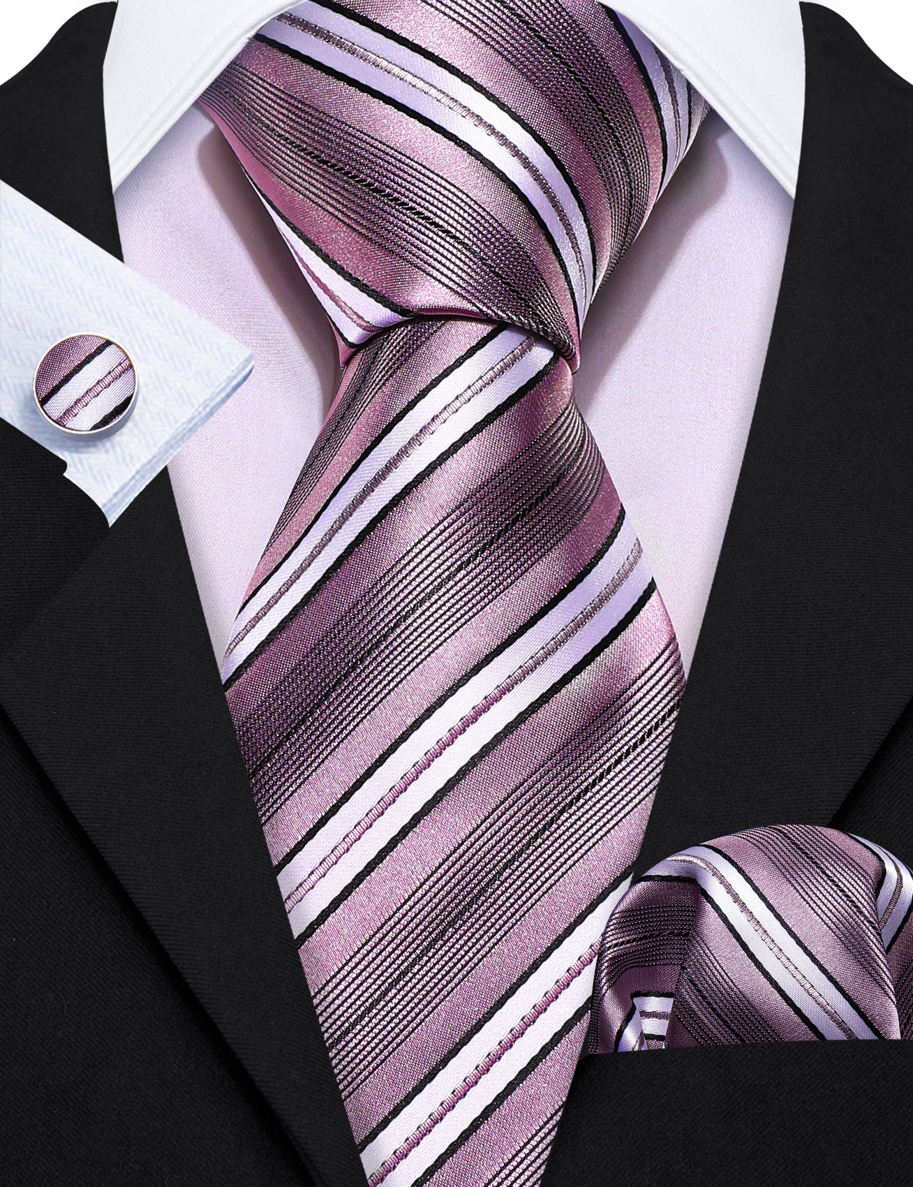Pink Grey Striped Silk Tie Hanky Cufflinks Set