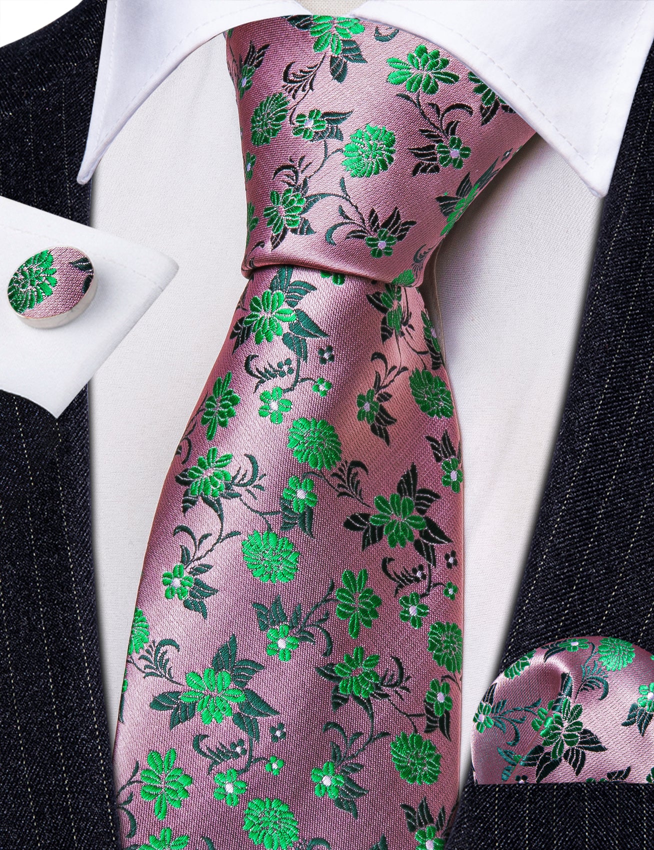 Pink Tie Small LimeGreen Flower Silk Tie Hanky Cufflinks Set