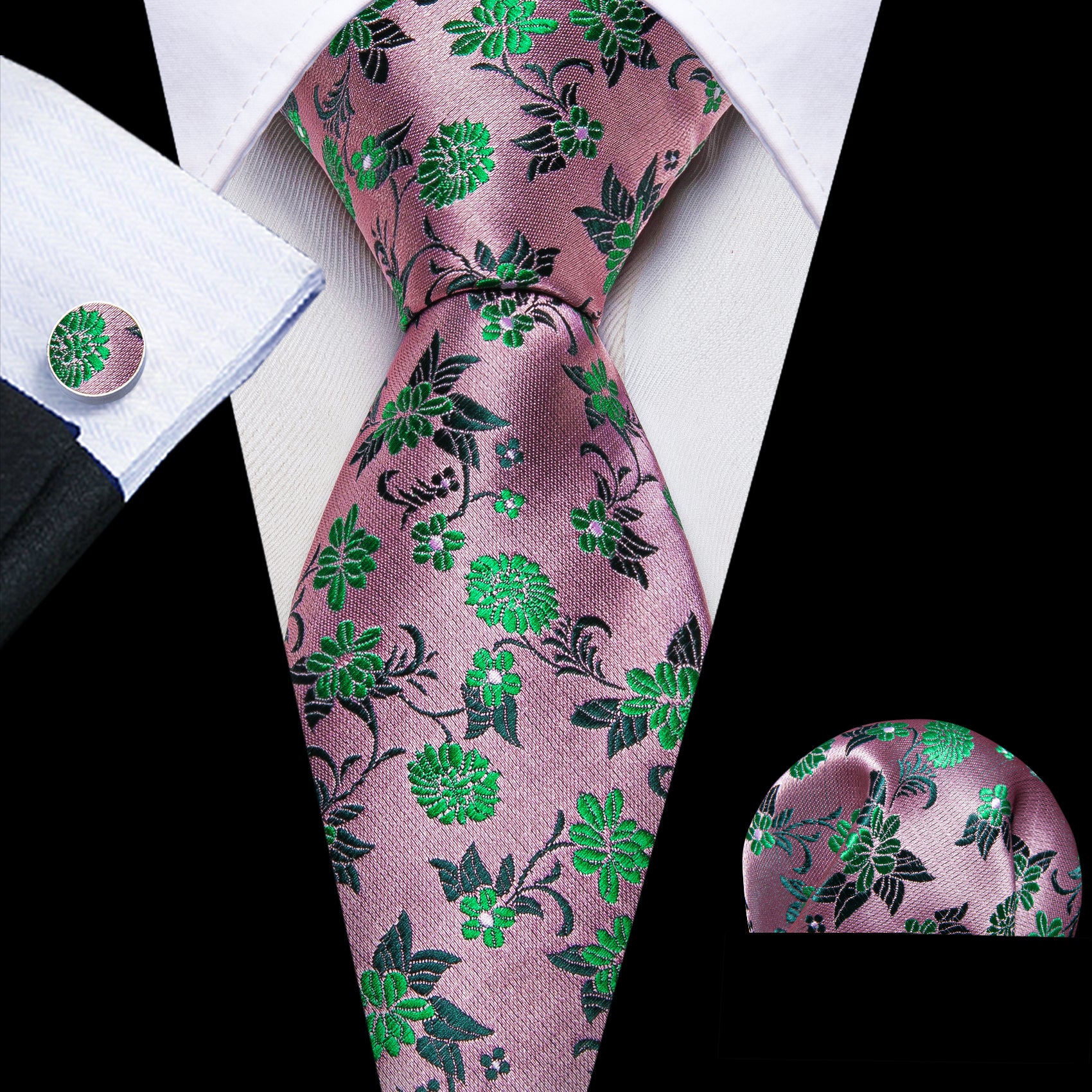 Pink Green Small Flower Silk Tie Hanky Cufflinks Set