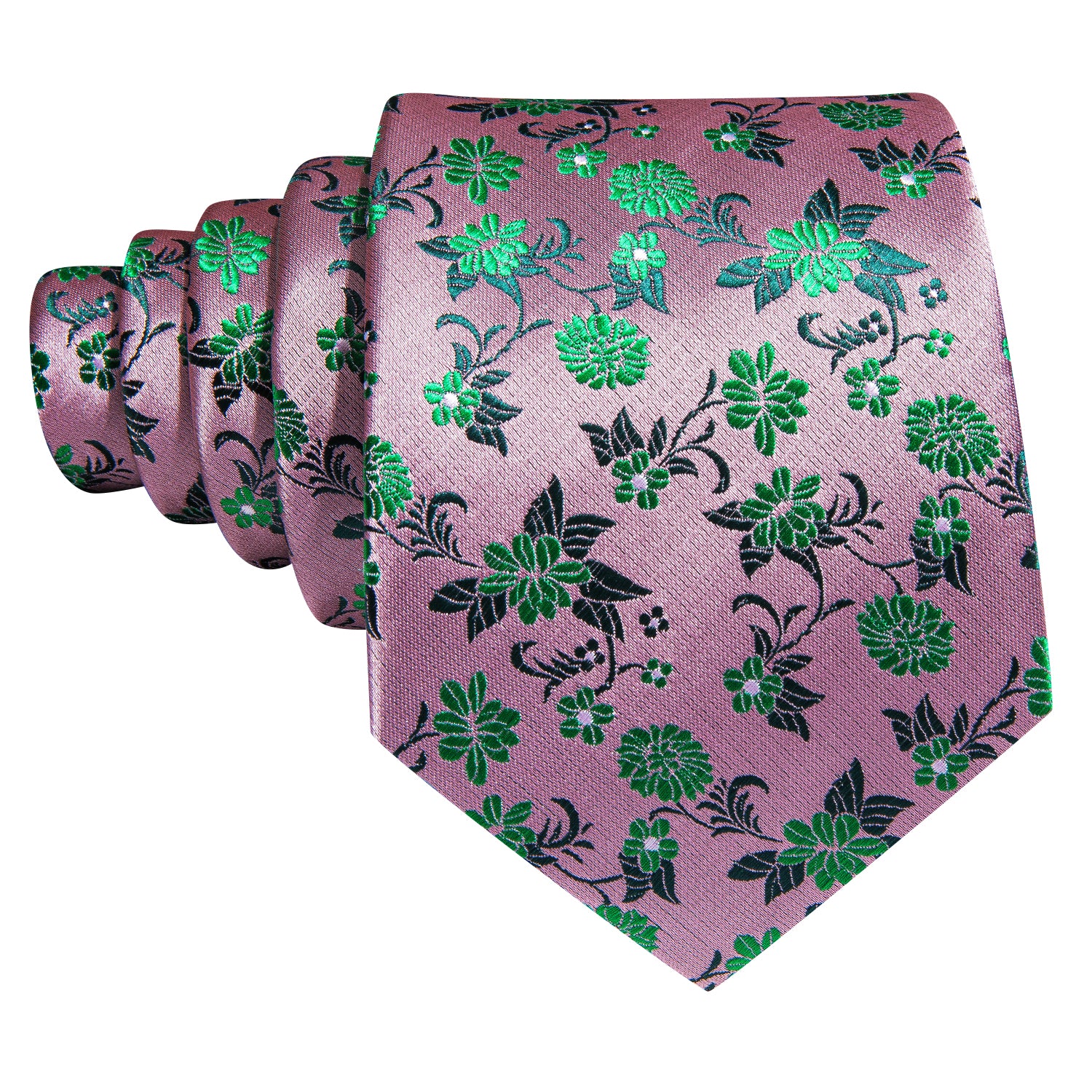 Pink Tie Small LimeGreen Flower Silk Tie Hanky Cufflinks Set