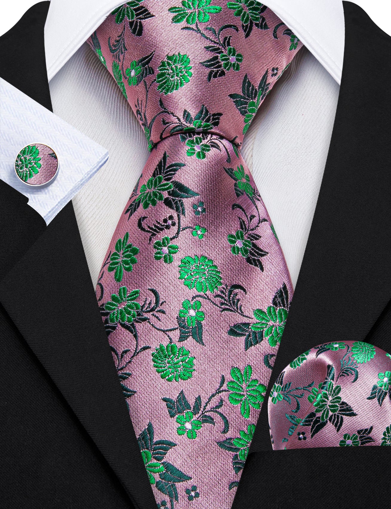 Pink Green Small Flower Silk Tie Hanky Cufflinks Set