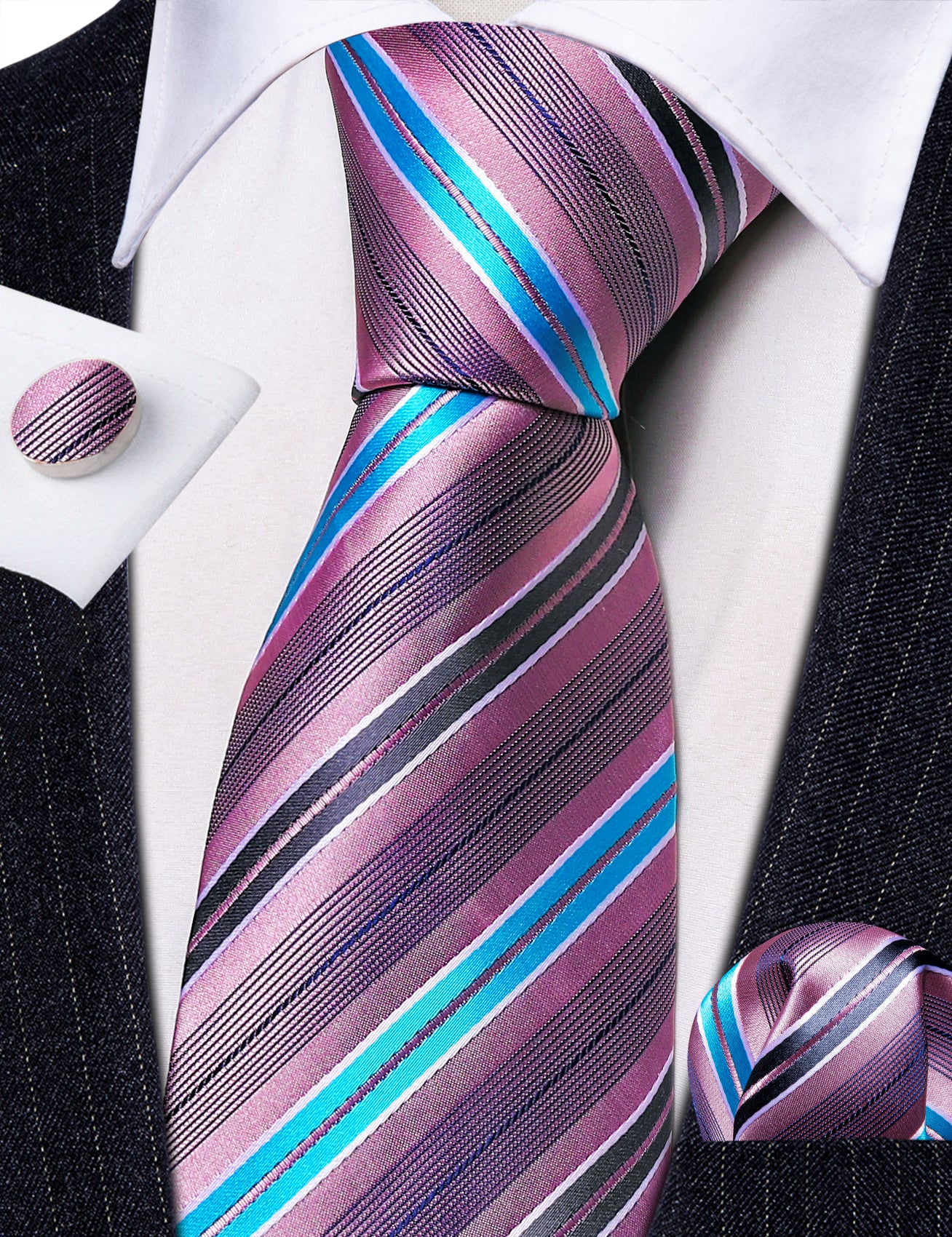Black suit white shirt Dark grey teal blue stripes necktie set for men 