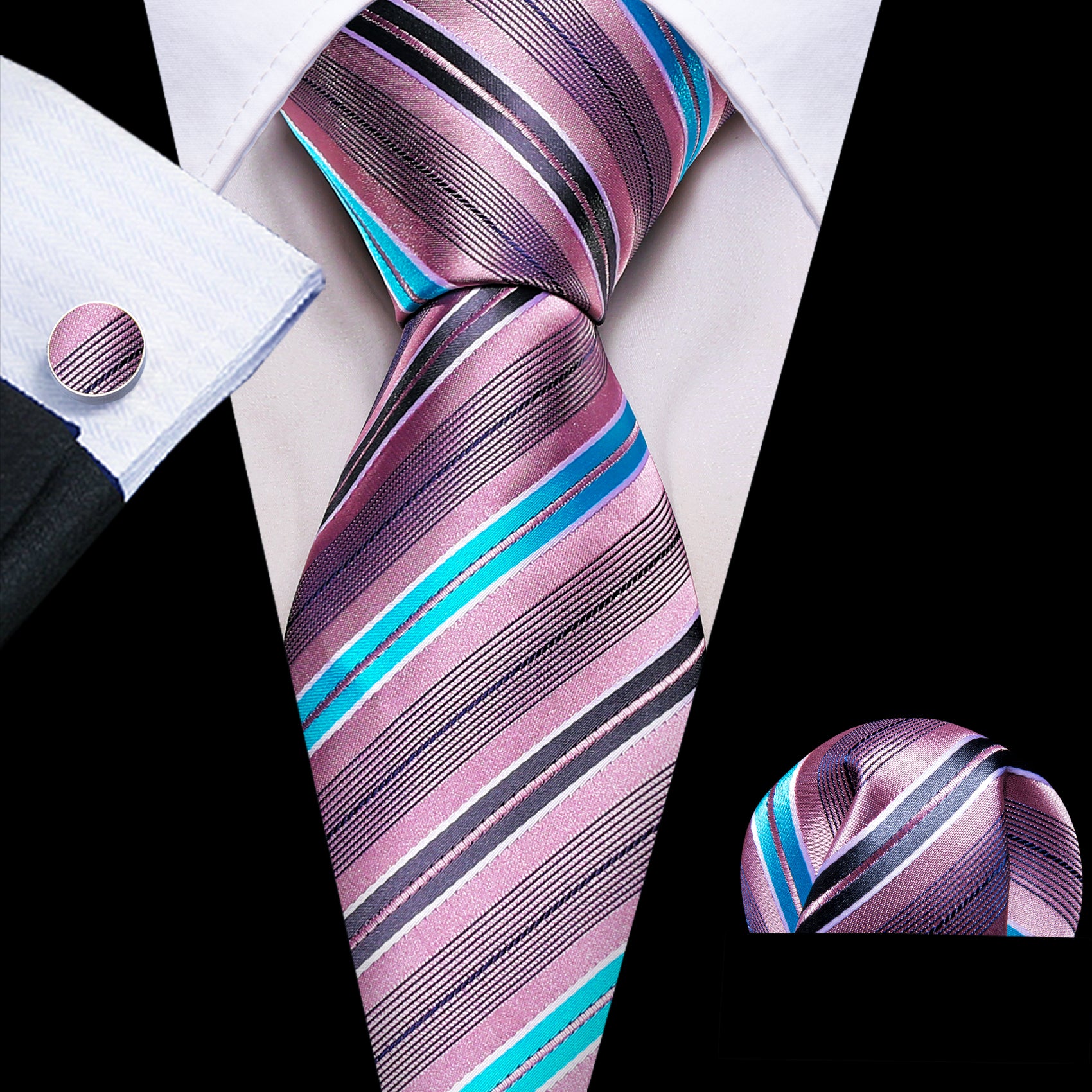 Black suit white shirt Dark grey teal blue stripes necktie set for men 