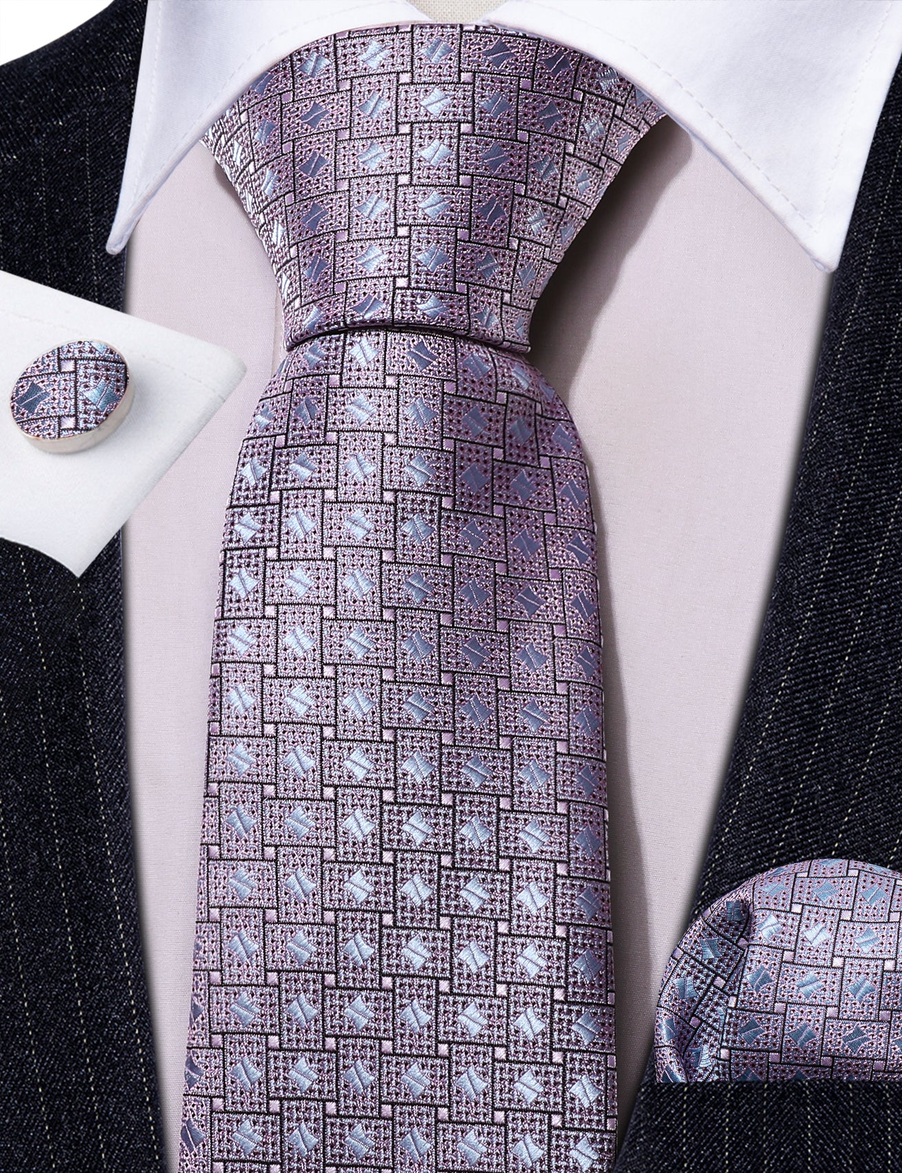 Novetly Blue Silver Silk Tie Hanky Cufflinks Set