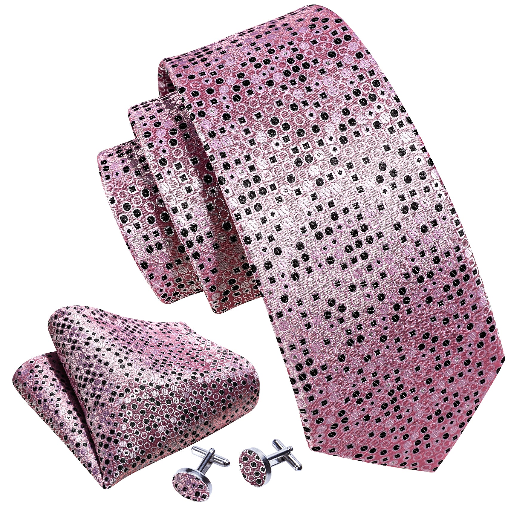 Pink Black Circle Silk Tie Hanky Cufflinks Set