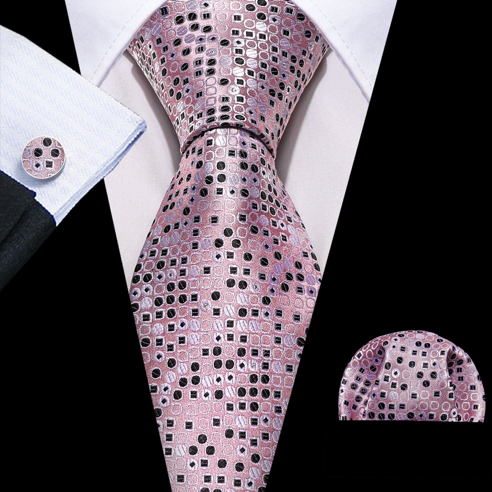 Pink Black Circle Silk Tie Hanky Cufflinks Set