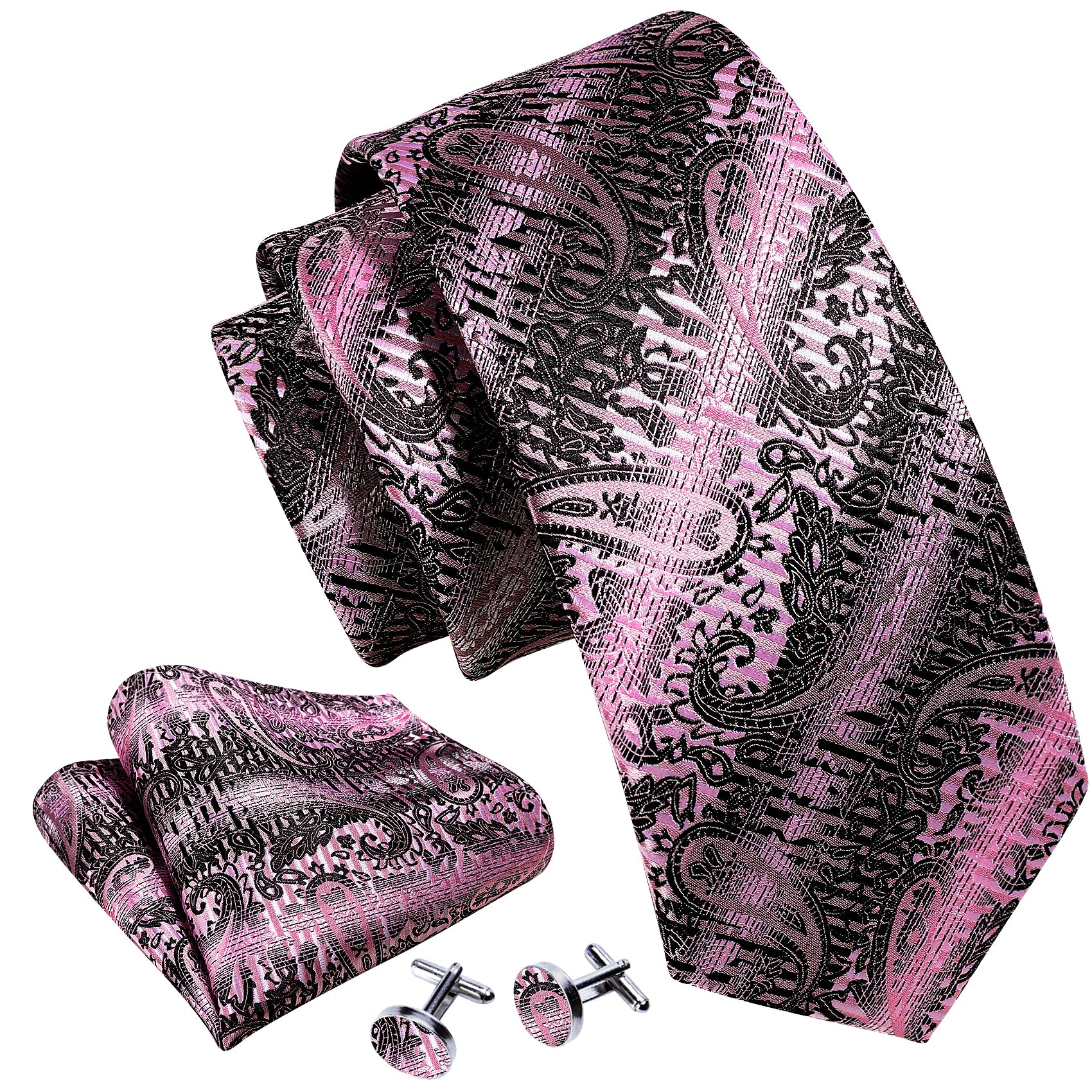 New Black Pink Paisley Silk Tie Hanky Cufflinks Set