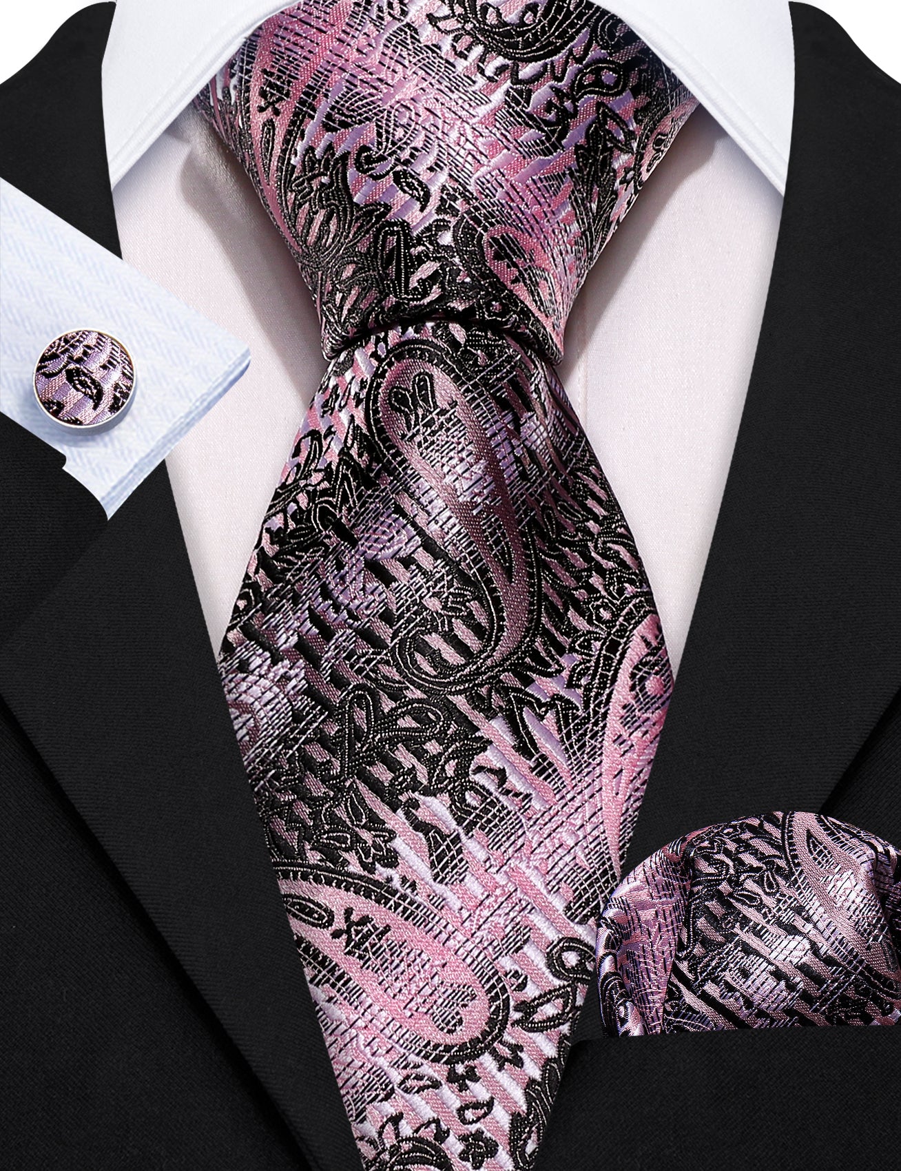 Black Pink Paisley Silk Tie Hanky Cufflinks Set
