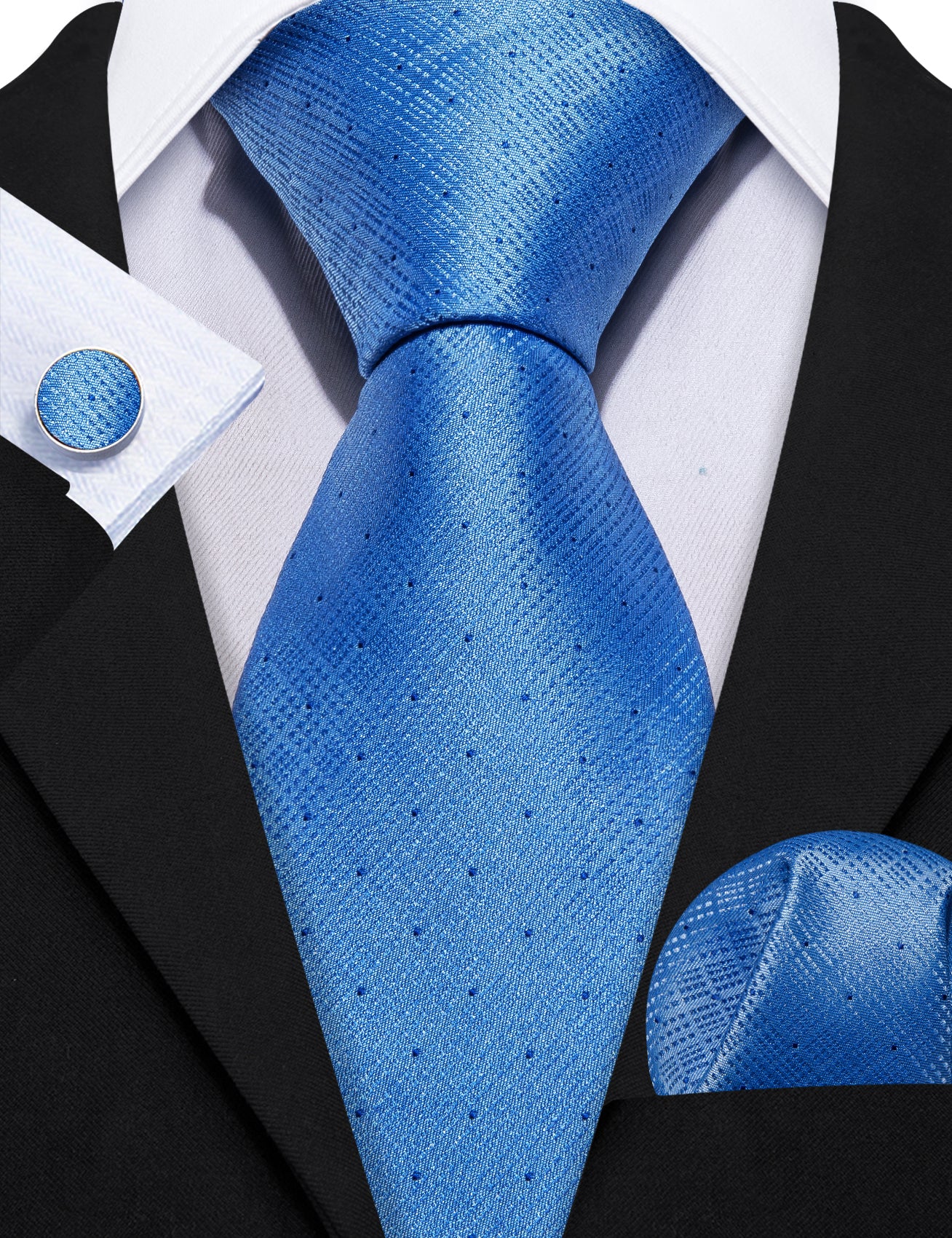 Blue Solid Silk Tie Hanky Cufflinks Set