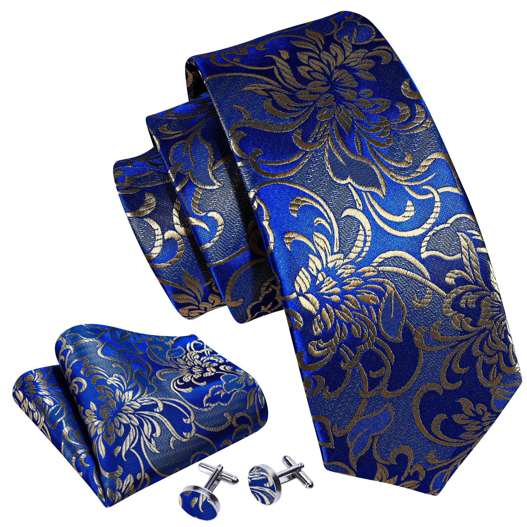 Blue Gold Flower Silk Tie Hanky Cufflinks Set