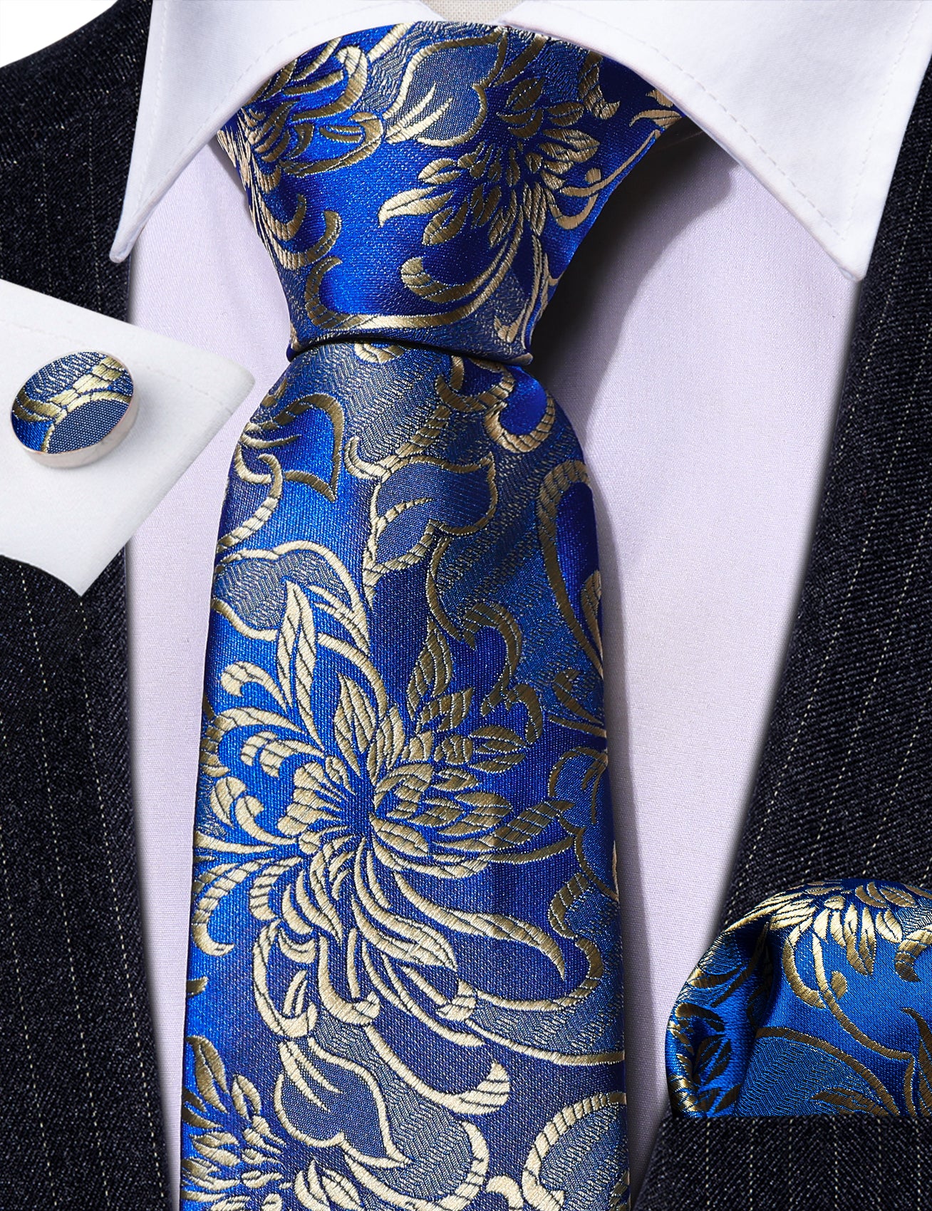 Blue Gold Flower Silk Tie Hanky Cufflinks Set