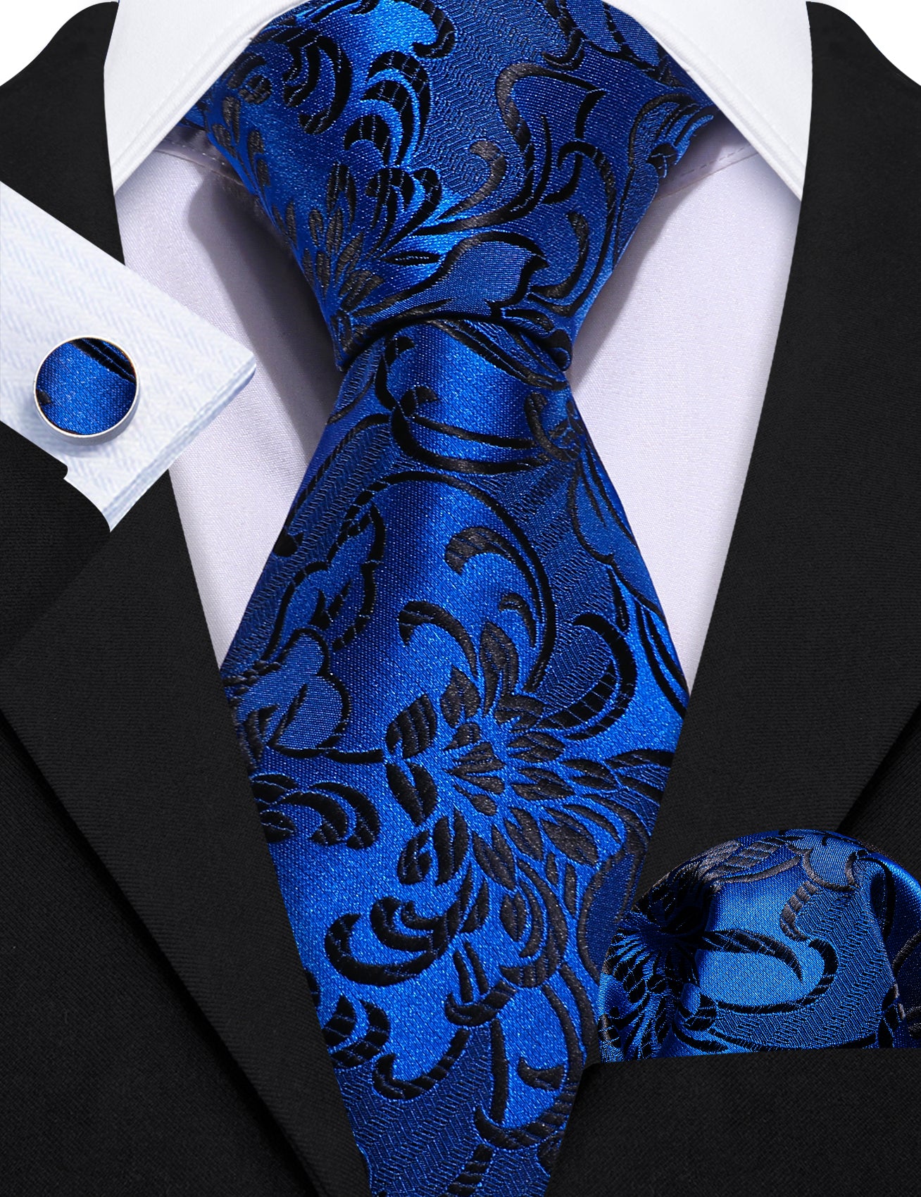 Sapphire Blue Flower Silk Tie Hanky Cufflinks Set
