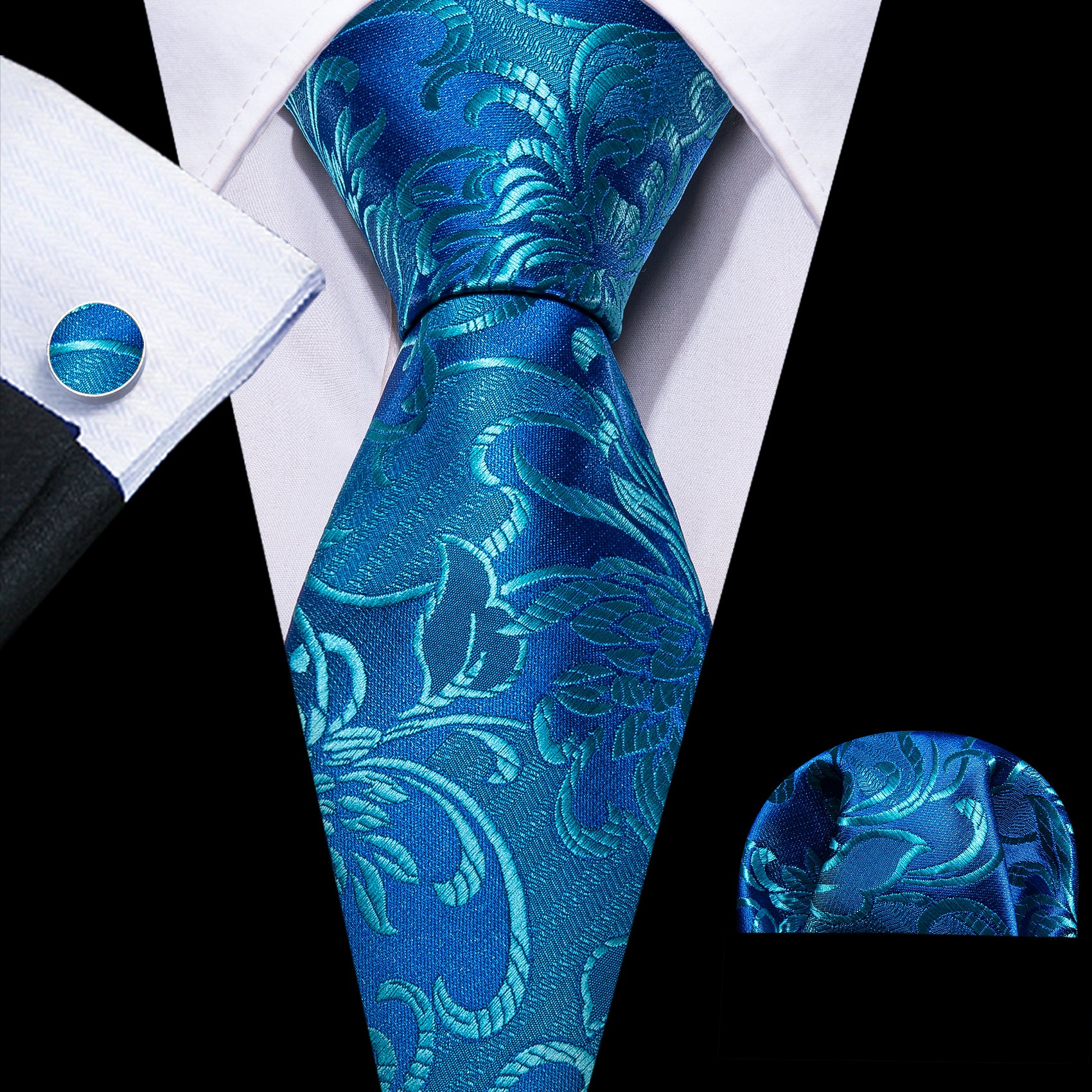 Steel Blue Flower Silk Tie Hanky Cufflinks Set