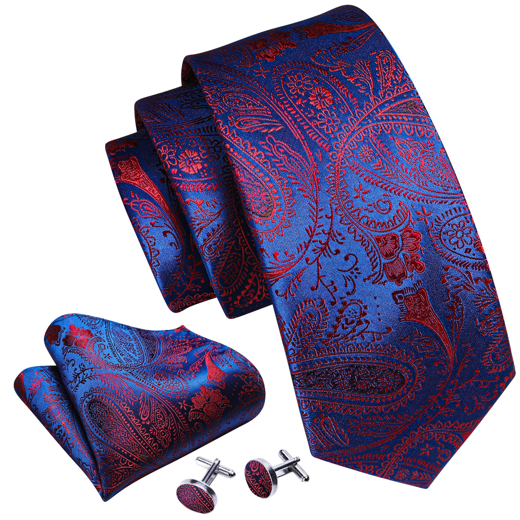 Fashion Blue Red Paisley Silk Tie Hanky Cufflinks Set