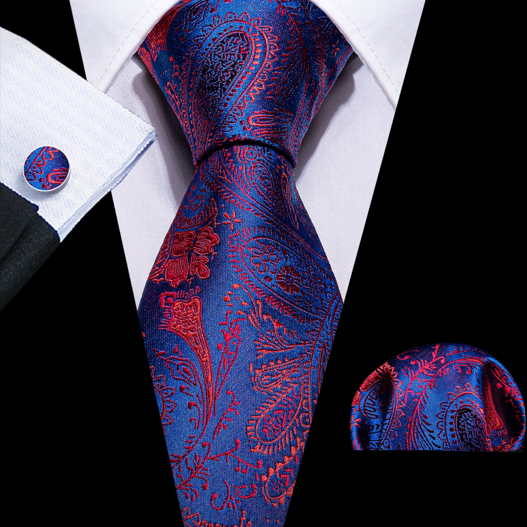 Fashion Blue Red Paisley Silk Tie Hanky Cufflinks Set