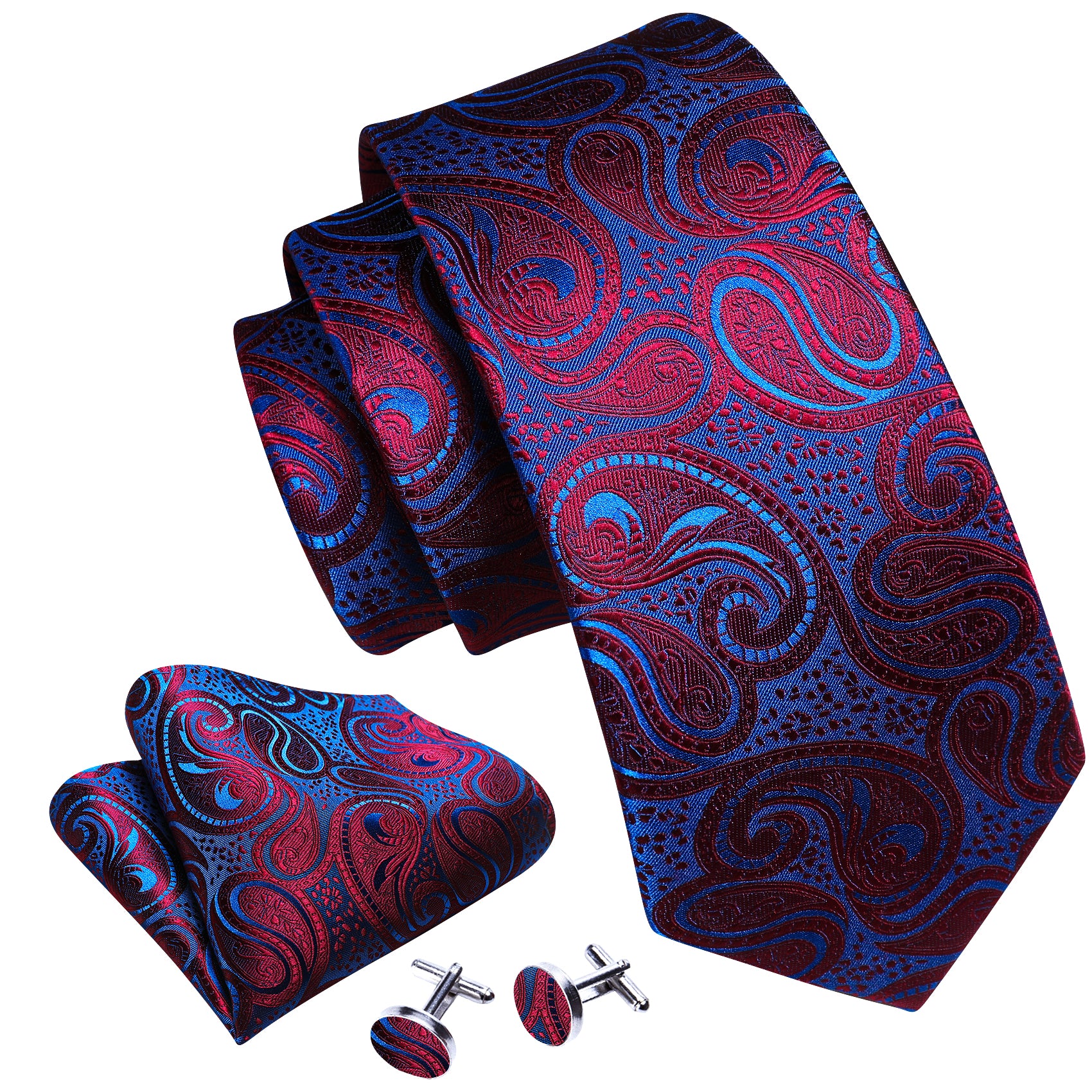 Shining Blue Red Paisley Silk Tie Hanky Cufflinks Set