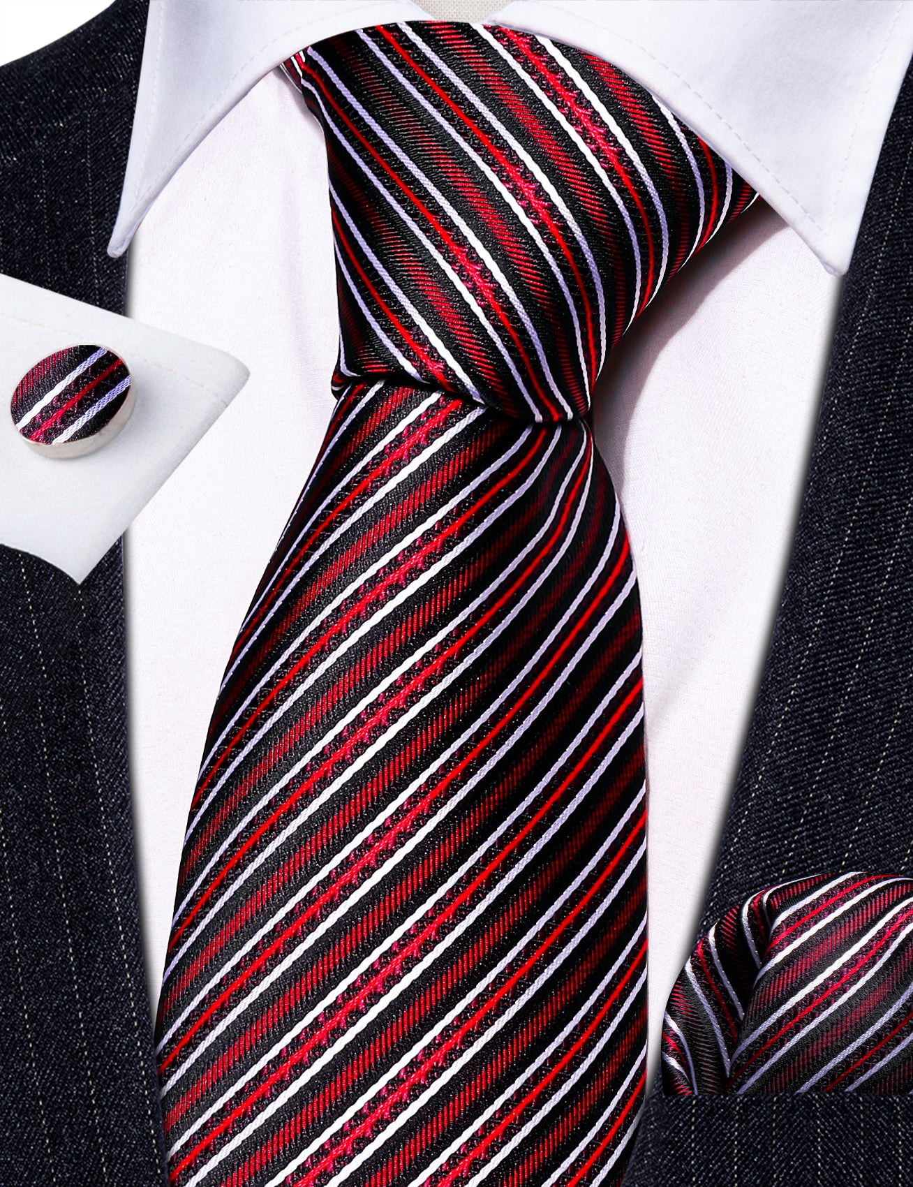 Classy Black Red Striped Silk Tie Hanky Cufflinks Set