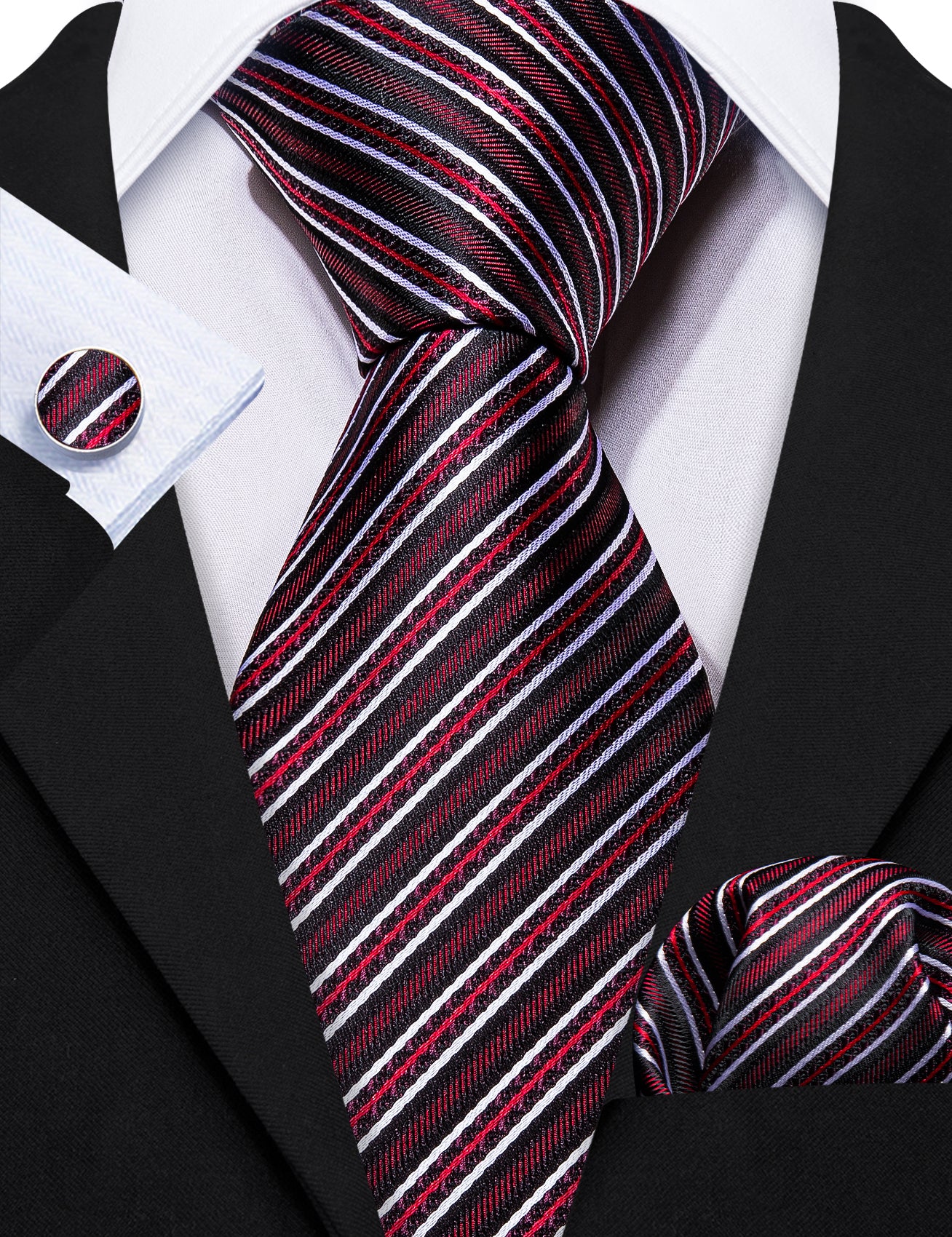 Classy Black Red Striped Silk Tie Hanky Cufflinks Set