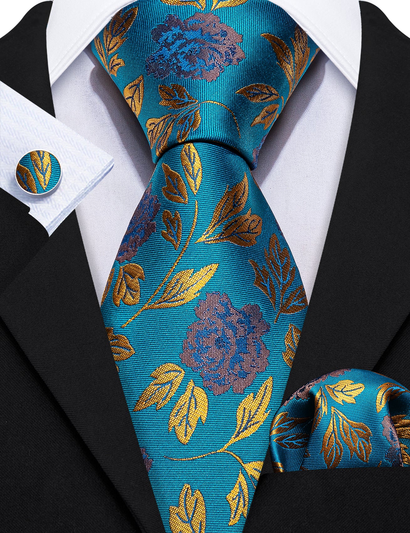 New Blue Gold Flower Silk Tie Hanky Cufflinks Set
