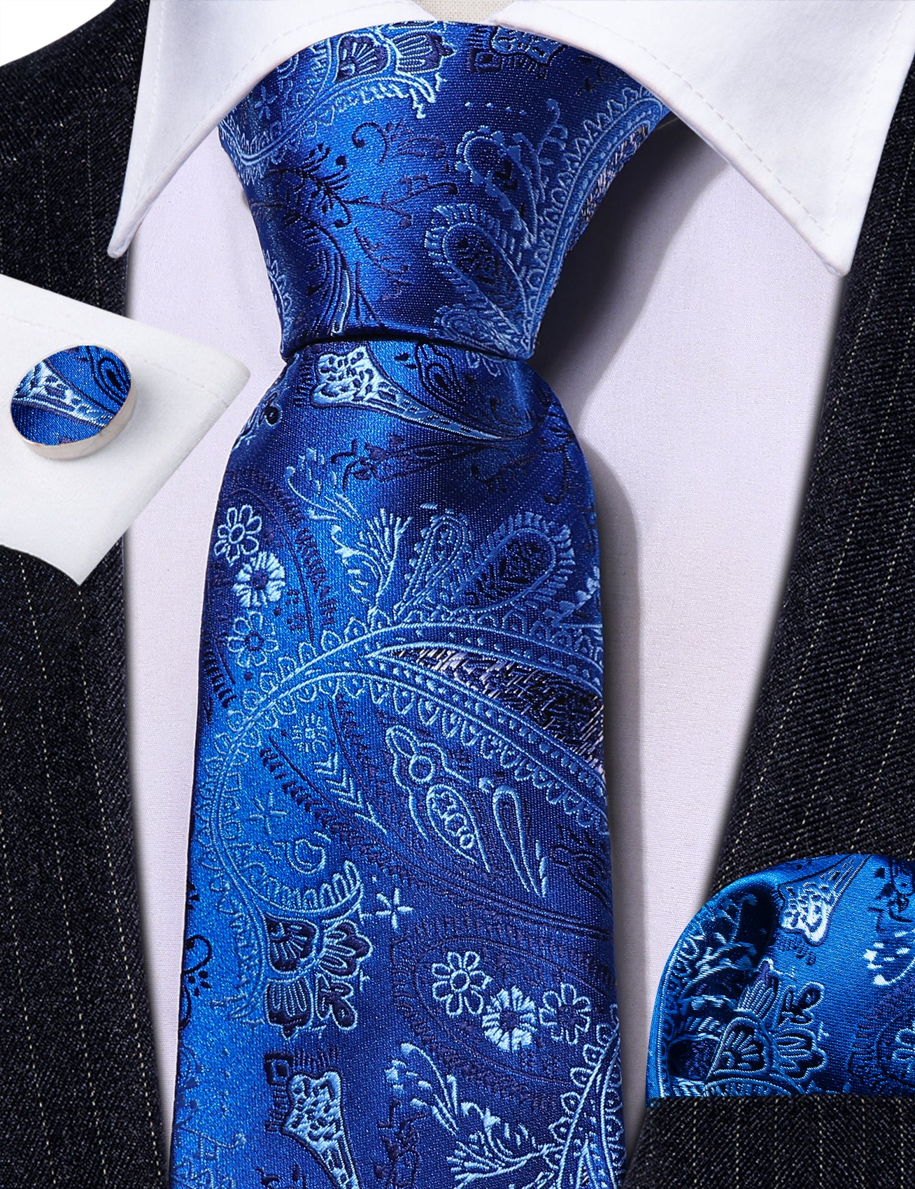 Blue White Paisley Silk 59 Inches Tie Hanky Cufflinks Set