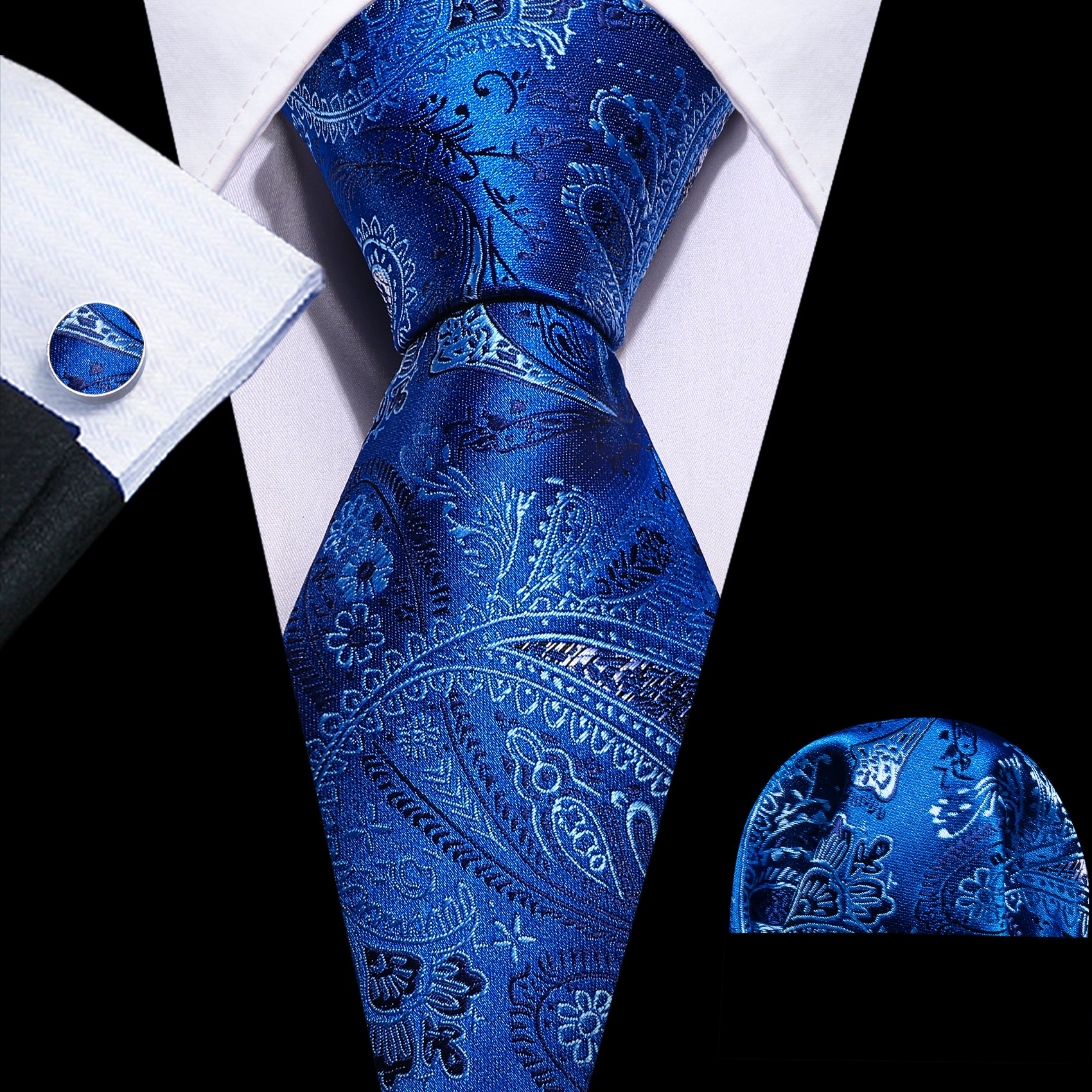 Blue White Paisley Silk 59 Inches Tie Hanky Cufflinks Set