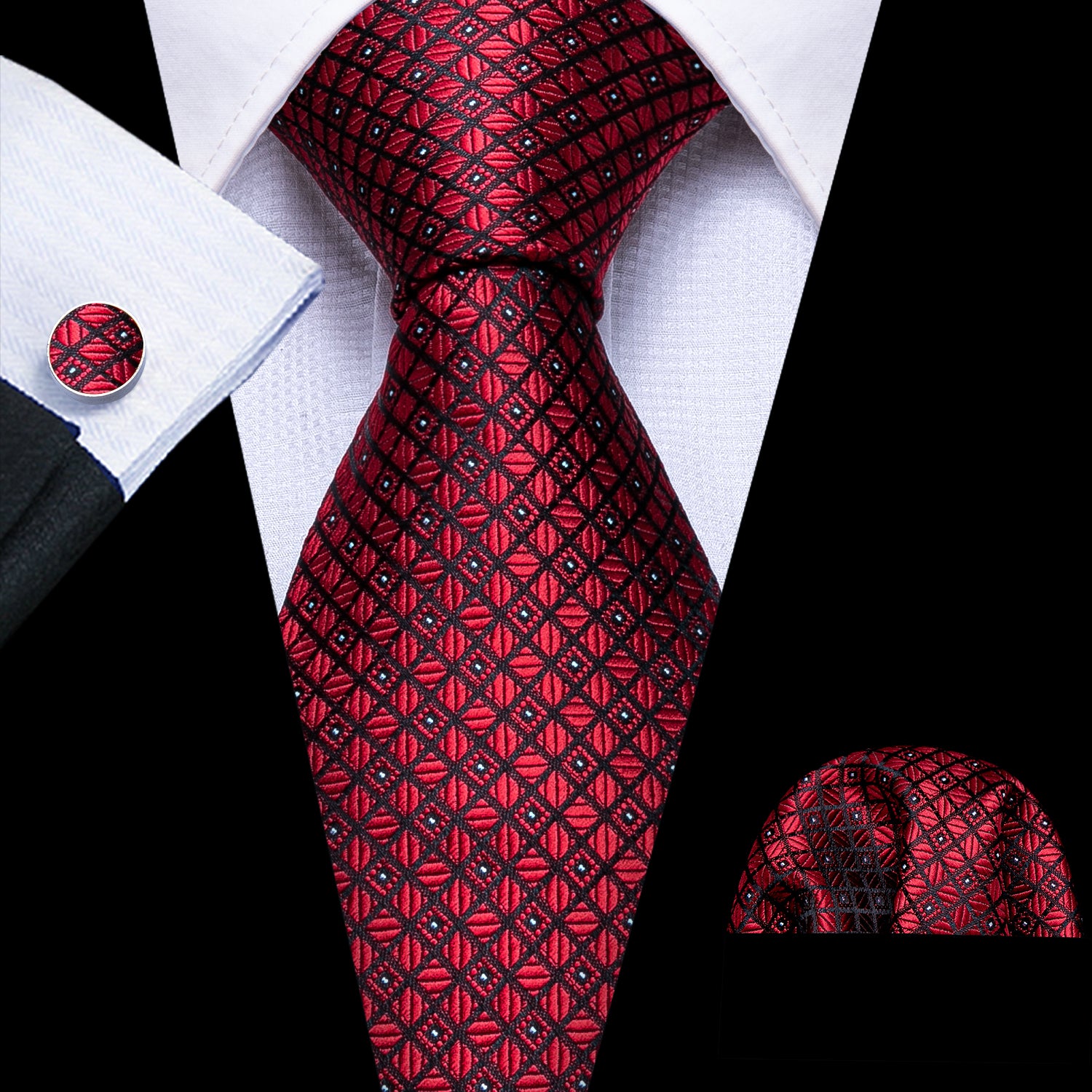 Red Plaid Men's Tie Pocket Square Cufflinks Set
