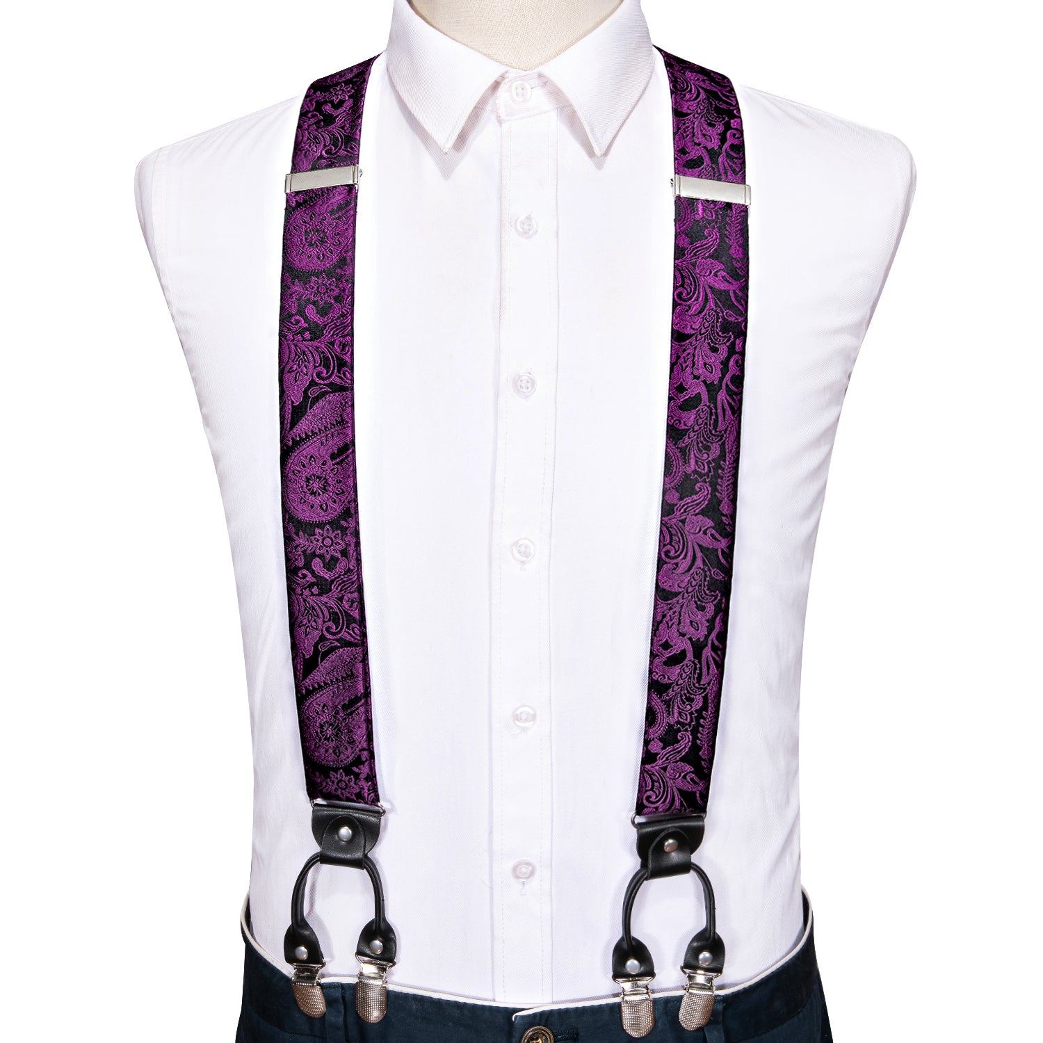 Purple Black Paisley Y Back Adjustable Bow Tie Suspenders Set