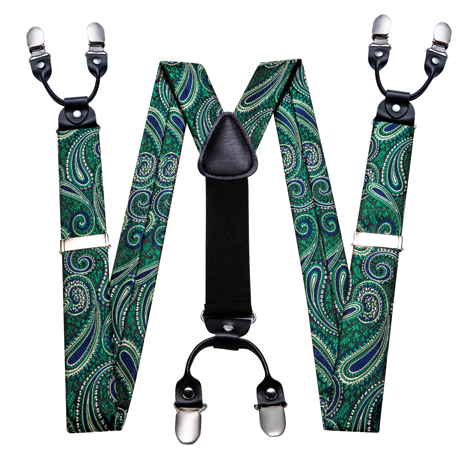 Barry.wang Green Tie Paisley Y Back Adjustable Bow Tie Suspenders Set