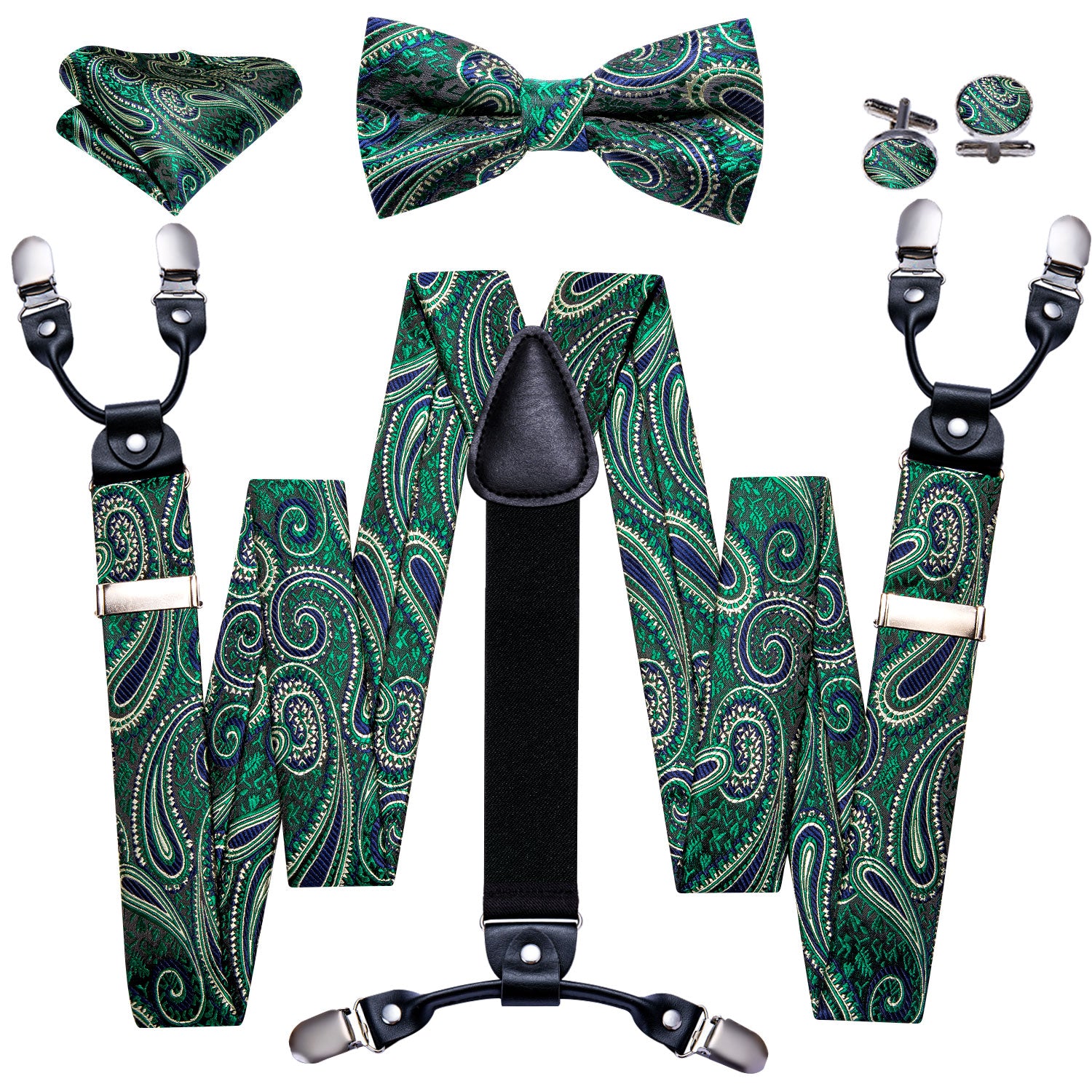 Green Paisley Y Back Adjustable Bow Tie Suspenders Set