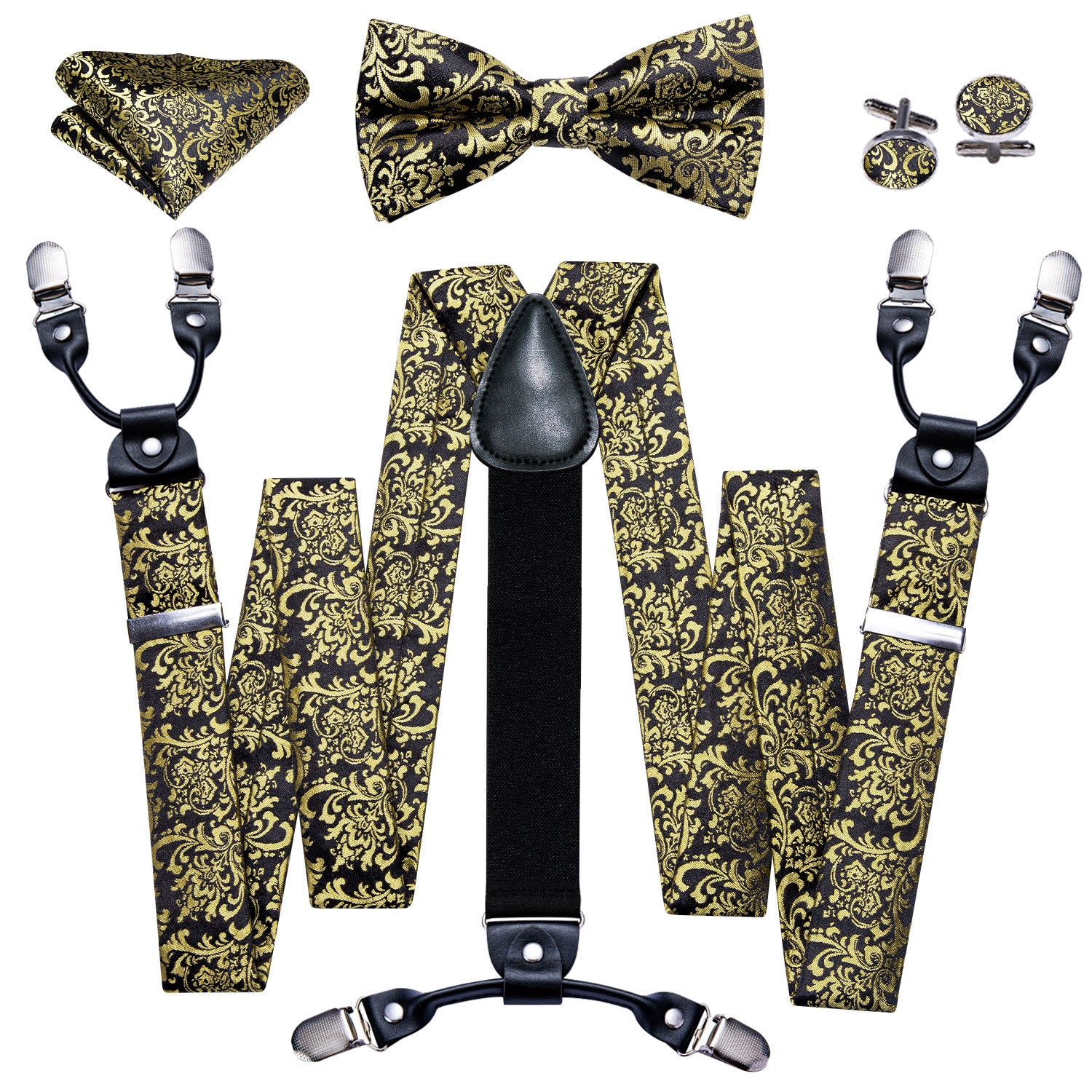 Black Golden Floral Y Back Adjustable Bow Tie Suspenders Set