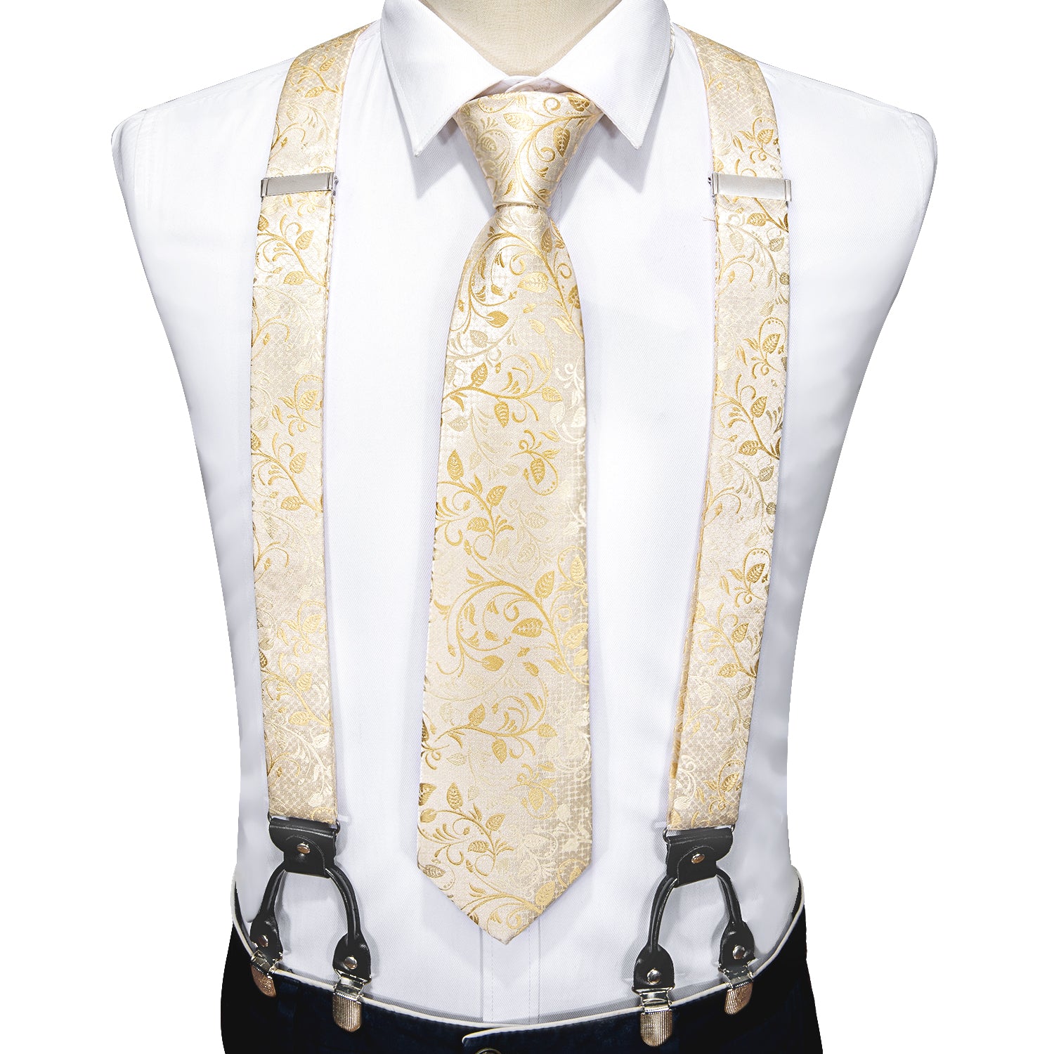 Yellow Floral Y Back Adjustable Men's Suspenders Tie Set
