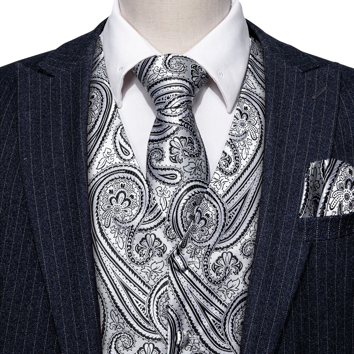 Men's Silver Black Paisley Silk Vest Necktie Pocket square Cufflinks