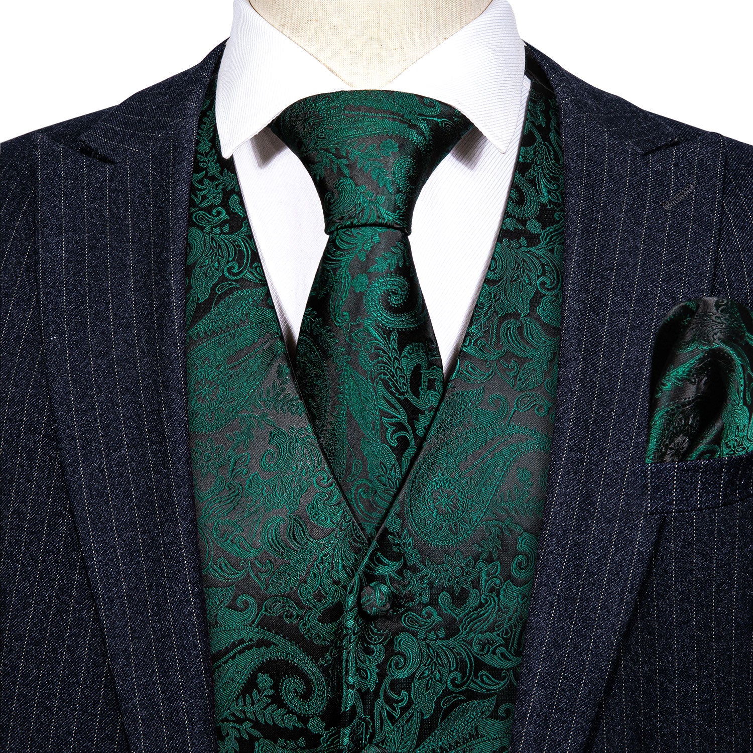 Barry.wang Men's Vest Black Green Paisley Silk Vest Necktie Pocket Square Cufflinks Set