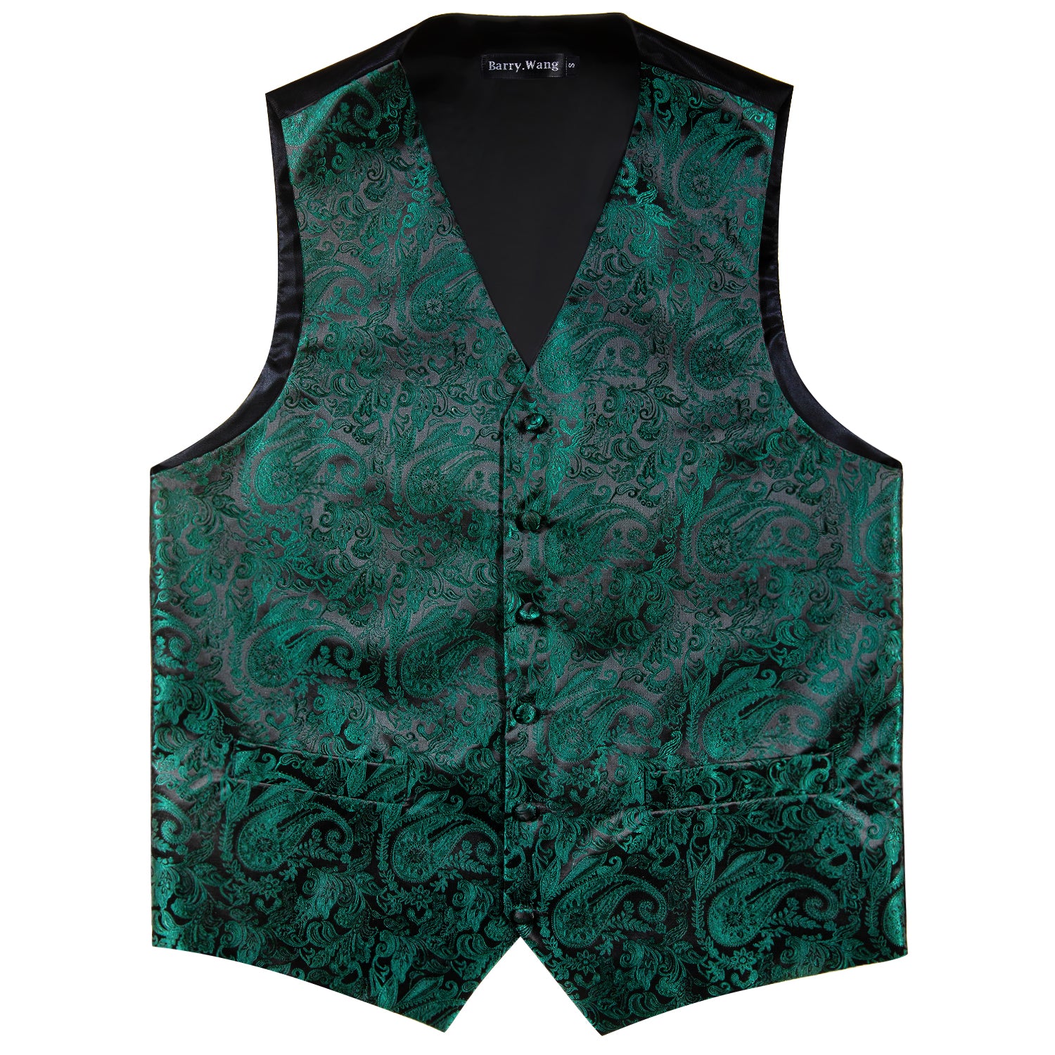 Men's Black Green Paisley Silk Vest Necktie Pocket square Cufflinks