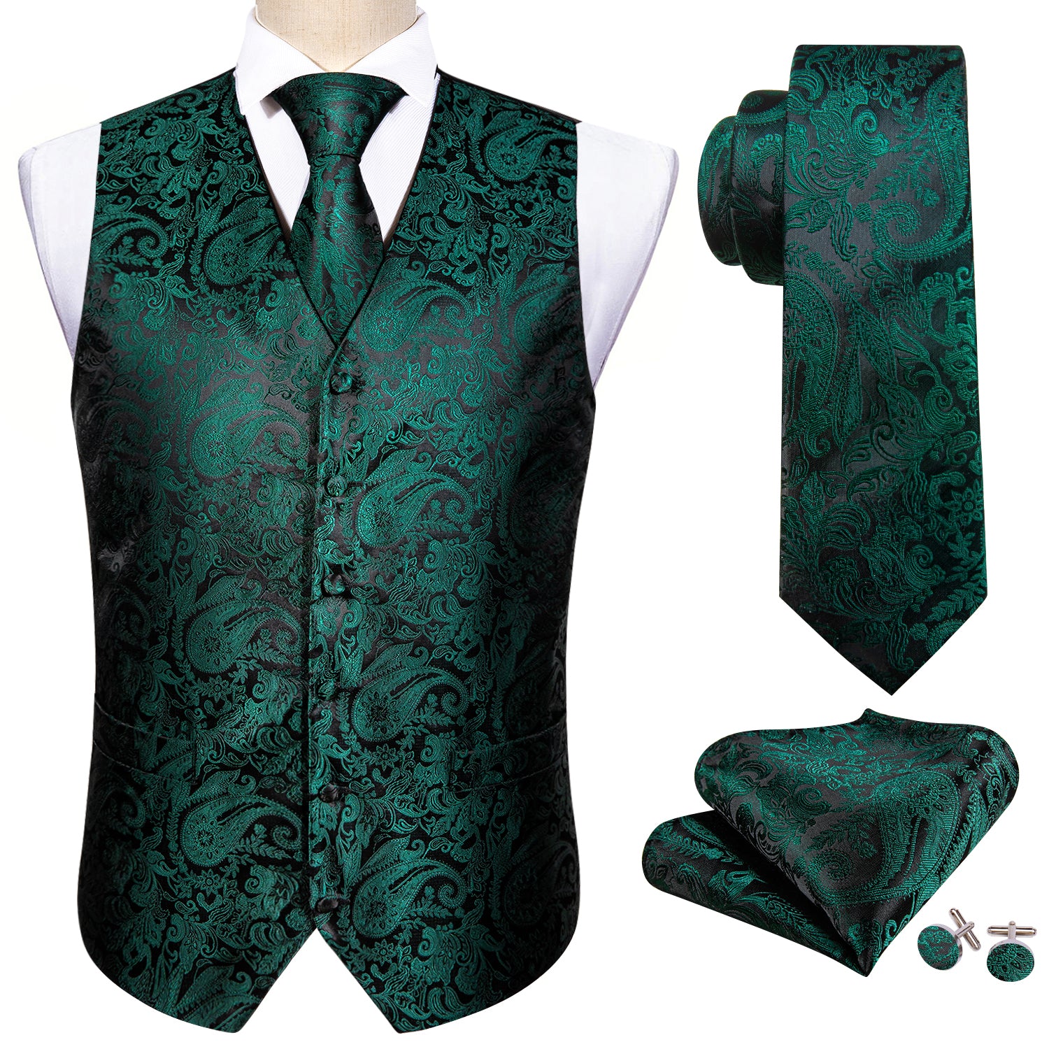 Men's Black Green Paisley Silk Vest Necktie Pocket square Cufflinks