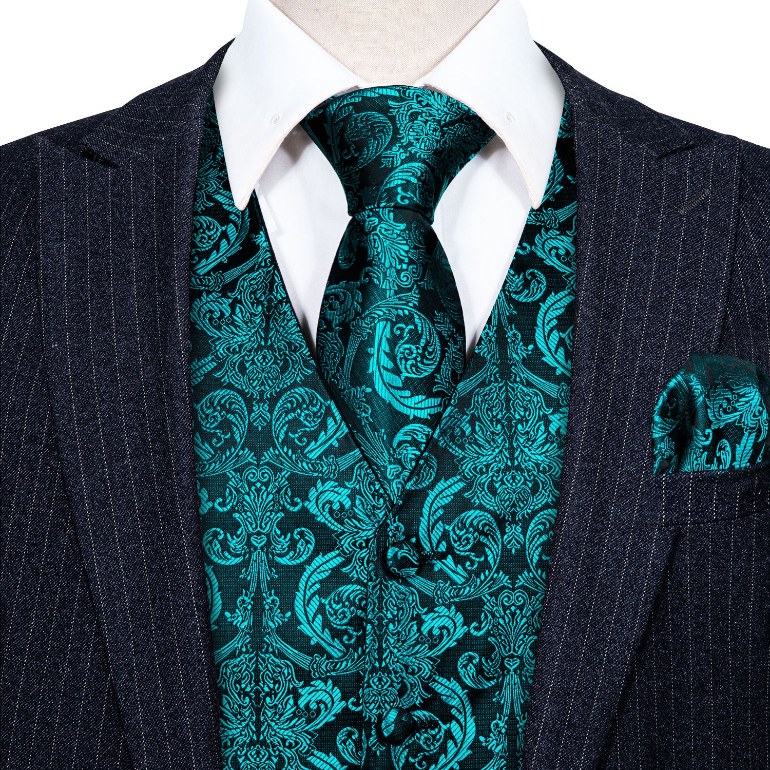 Men's Blue Floral Silk Vest Necktie Pocket square Cufflinks
