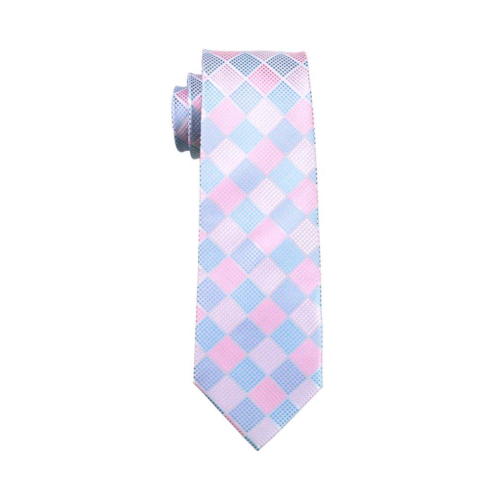 Sky-blue Pink Plaid Tie Pocket Square Cufflinks Set - barry-wang