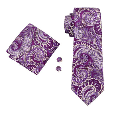 Purple Beige Paisley Silk Tie Pocket Square Cufflinks Set