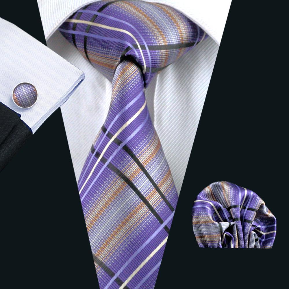 Purple Beige Striped Silk Men's Tie Pocket Square Cufflinks Set - barry-wang