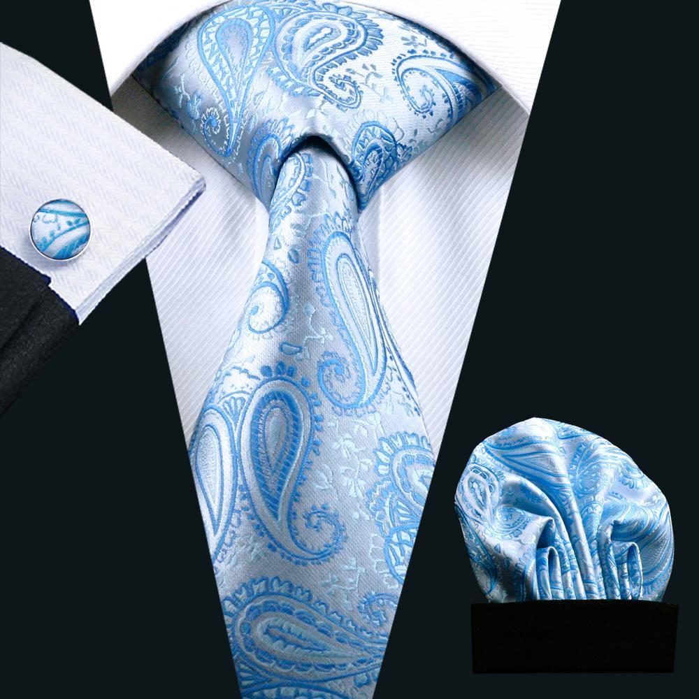 Sky-blue Paisley Silk Men's Tie Pocket Square Cufflinks Set - barry-wang