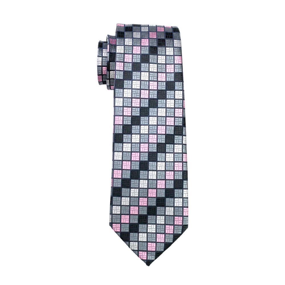 Pink Grey Plaid Silk Men's Tie Pocket Square Cufflinks Set - barry-wang