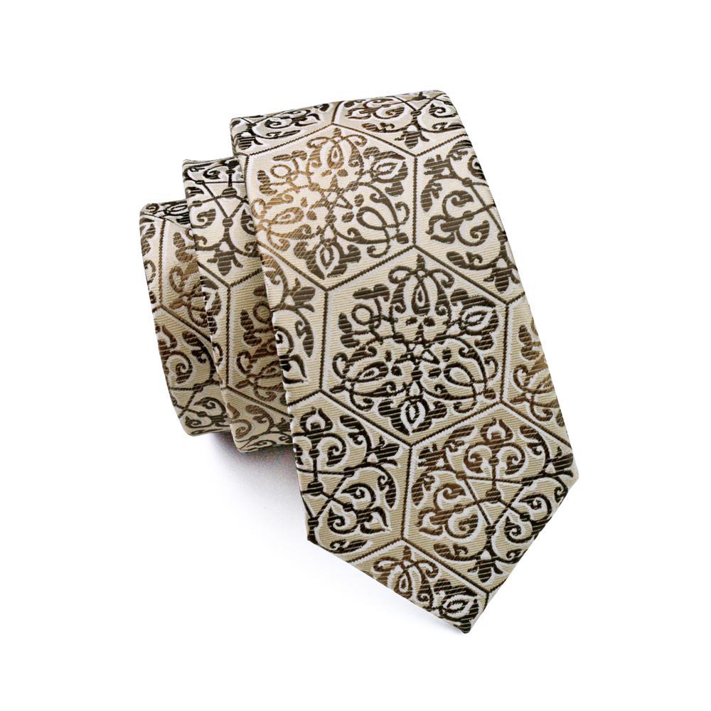Champagne Golden Floral Silk Men's Tie Pocket Square Cufflinks Set - barry-wang