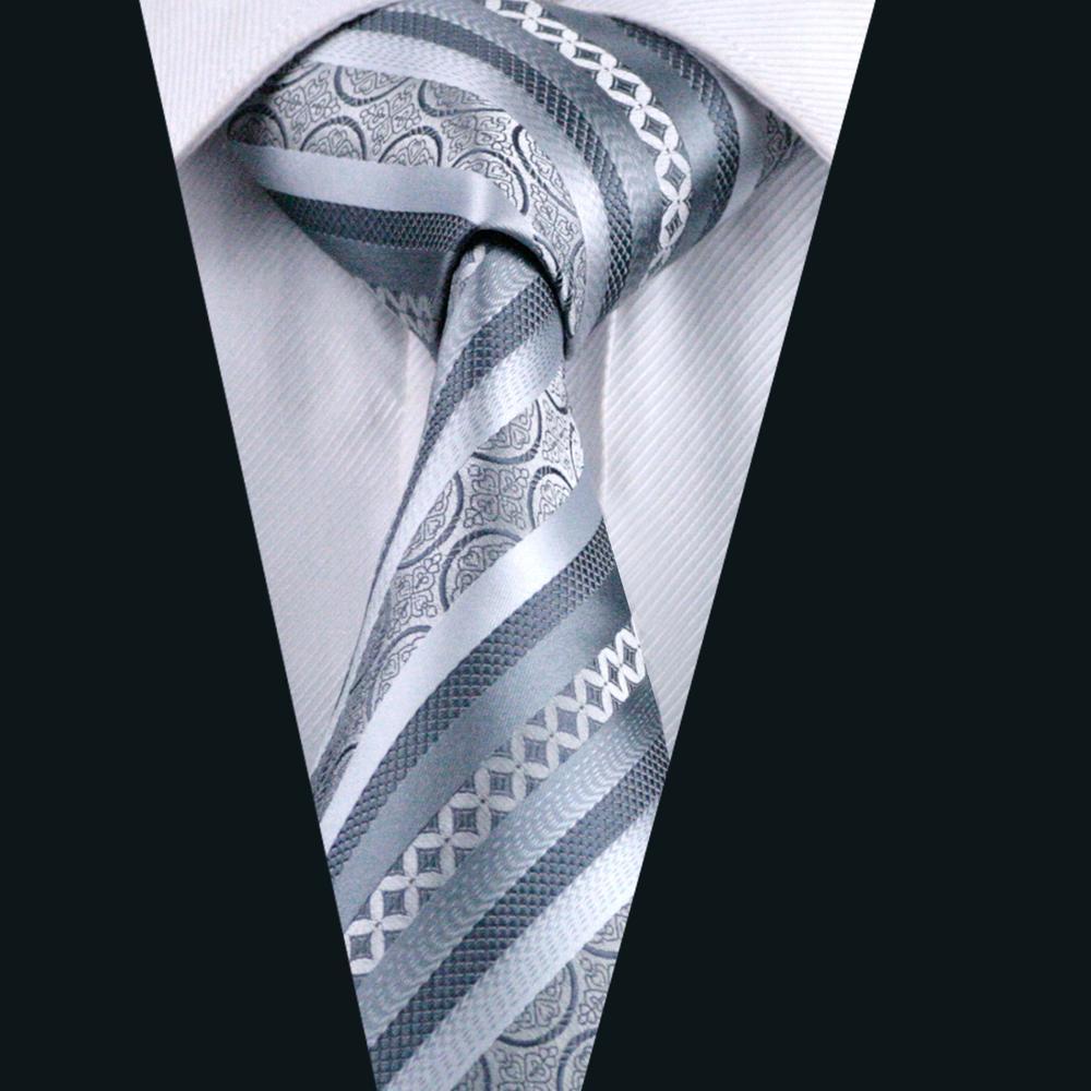 Silver Grey Novelty Striped Silk Men's Tie Pocket Square Cufflinks Set - barry-wang