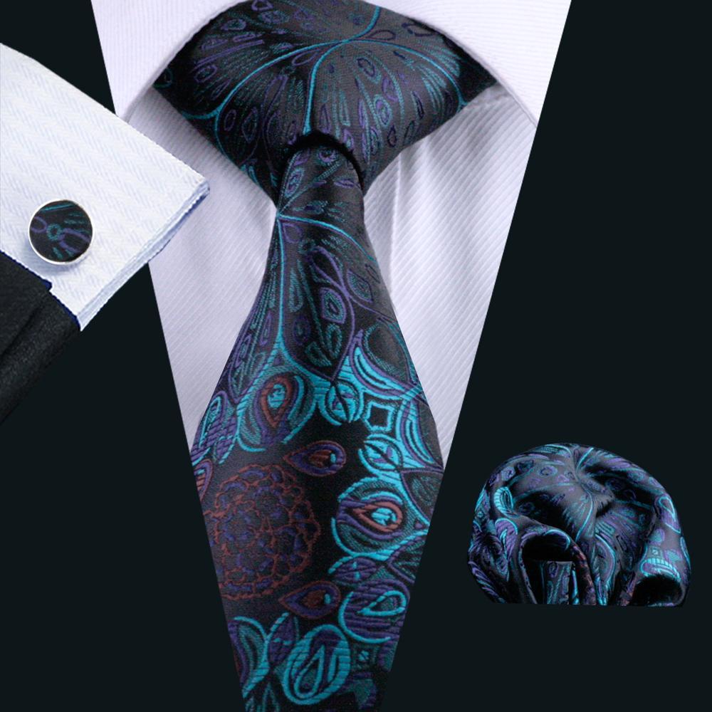 Cyan Black Paisley Silk Men's Tie Pocket Square Cufflinks Set - barry-wang