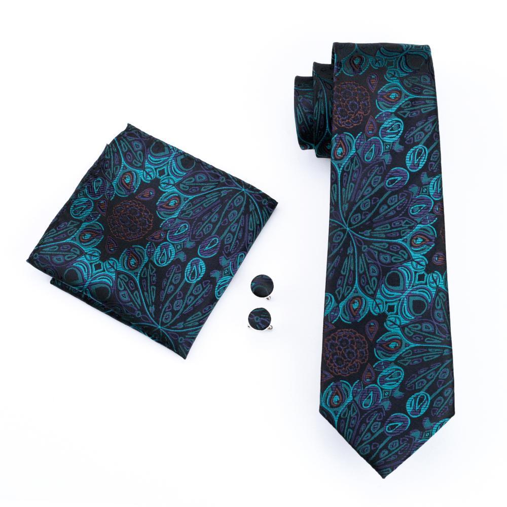 Cyan Black Paisley Silk Men's Tie Pocket Square Cufflinks Set - barry-wang