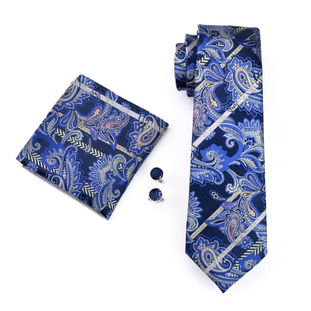 Deep Blue Paisley Silk Men's Tie Pocket Square Cufflinks Set - barry-wang
