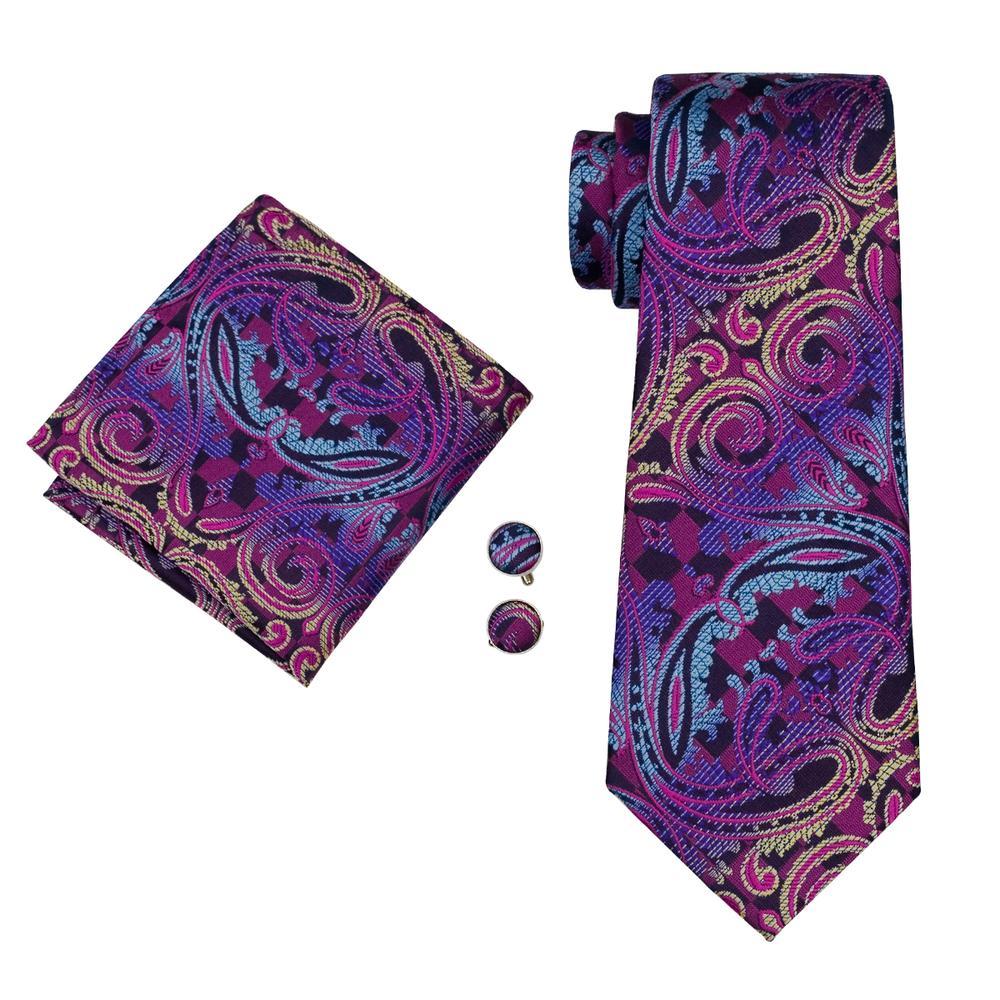 Blue Purple Paisley Silk Men's Tie Pocket Square Cufflinks Set - barry-wang