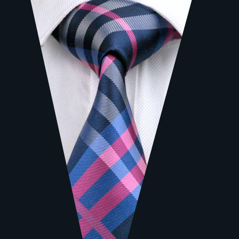 Classic Deep Blue Pink Plaid Tie Pocket Square Cufflinks Set - barry-wang